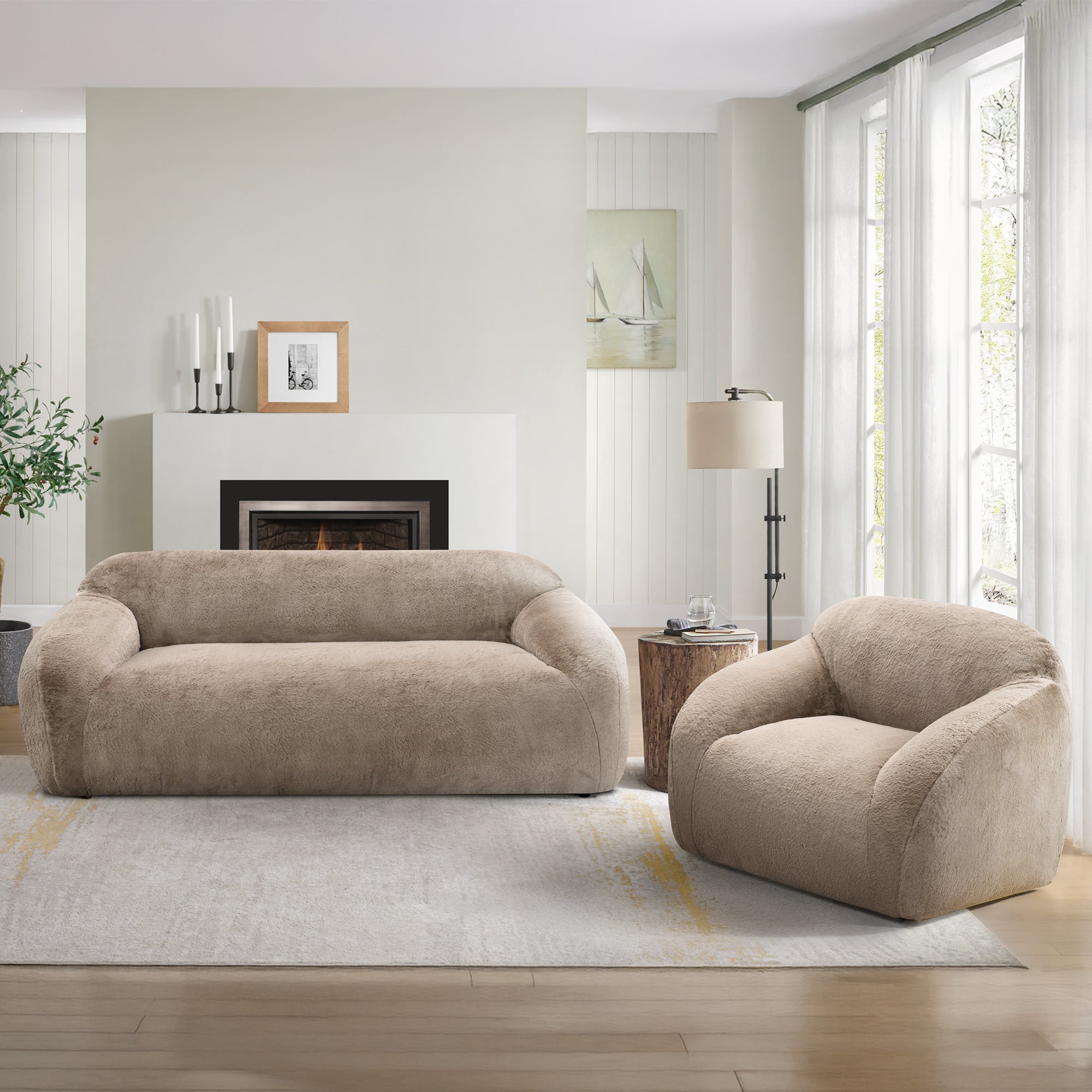 Roundhill Furniture Adell Polar Bear 2-Piece Living Room Set - Sofa & Swivel Chair for Cozy Home Decor | Perfect for Small Spaces, Apartments & Family Gatherings