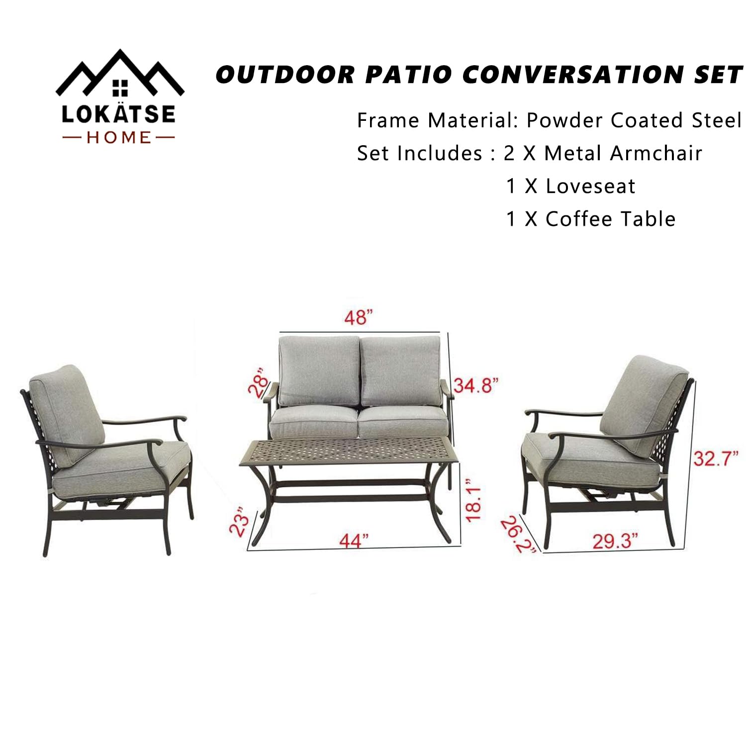 LOKATSE HOME 4-Piece Outdoor Loveseat Set with Cushions & Coffee Table - Patio Conversation Furniture, Metal Armchair for Garden, Backyard, Poolside (Grey)