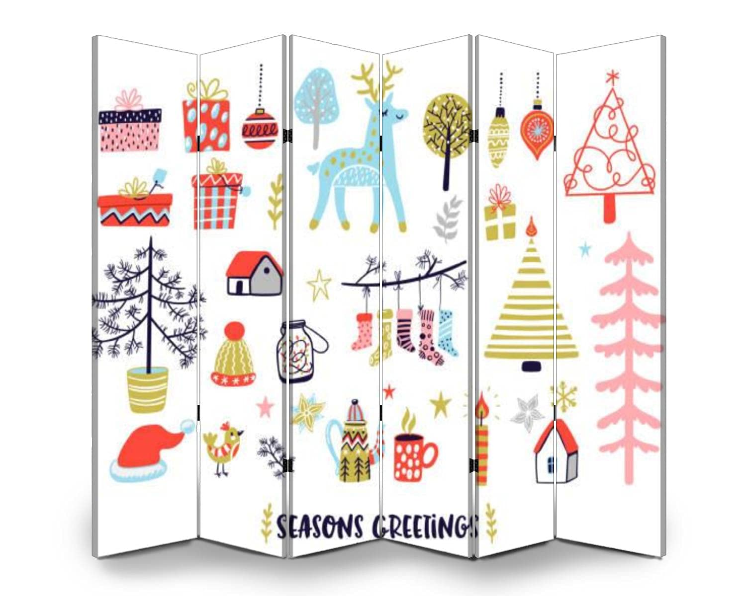 6-Panel Folding Room Divider Screen - Scandinavian Style Christmas Illustrations - Freestanding Privacy Partition for Indoor/Outdoor Use - Perfect for Home Office, Nursery, or Event Space Separation