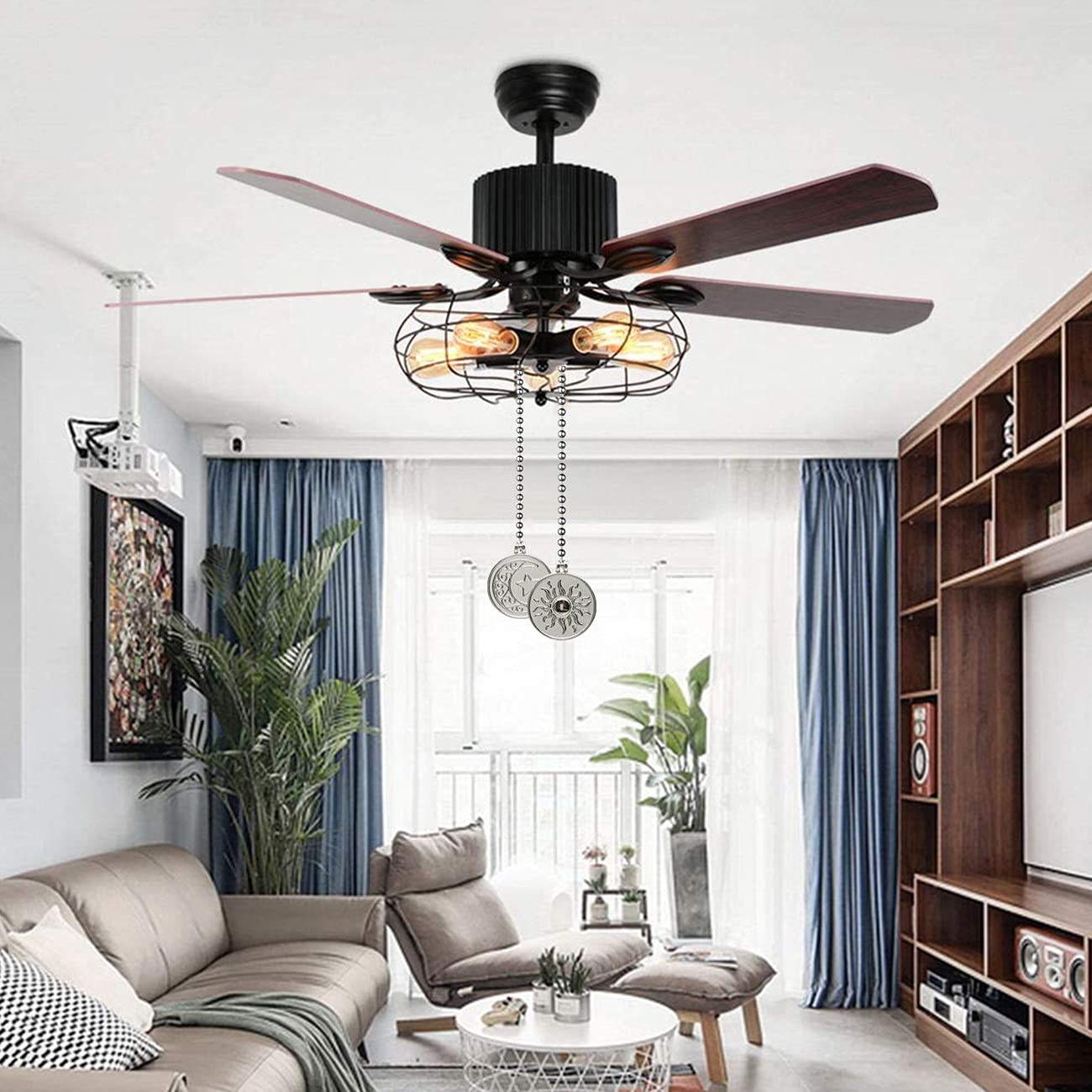 Decorative Ceiling Fan Light Pull Chain Set with Moon & Sun Beaded Pendant Extender - Nickel Finish, 1 Pack - Perfect for Bedroom, Living Room & Office Lighting Control