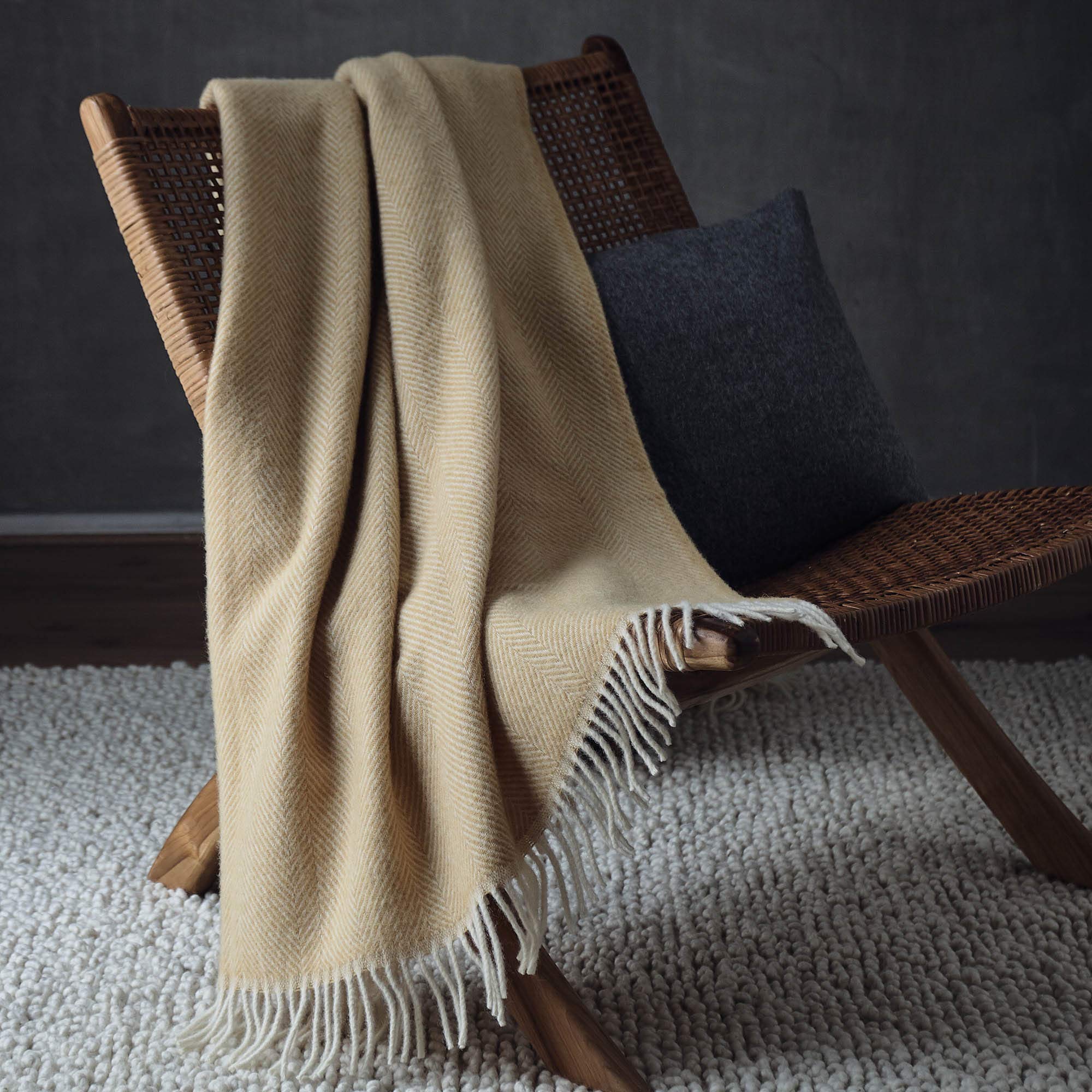 URBANARA 100% Pure Scandinavian Wool Throw Blanket 55x87 Inches - Mustard Yellow & Cream Herringbone Design with Fringe - Virgin Wool for Sofa, Bed & Home Decor | Cozy Winter Wrap & Gift Idea