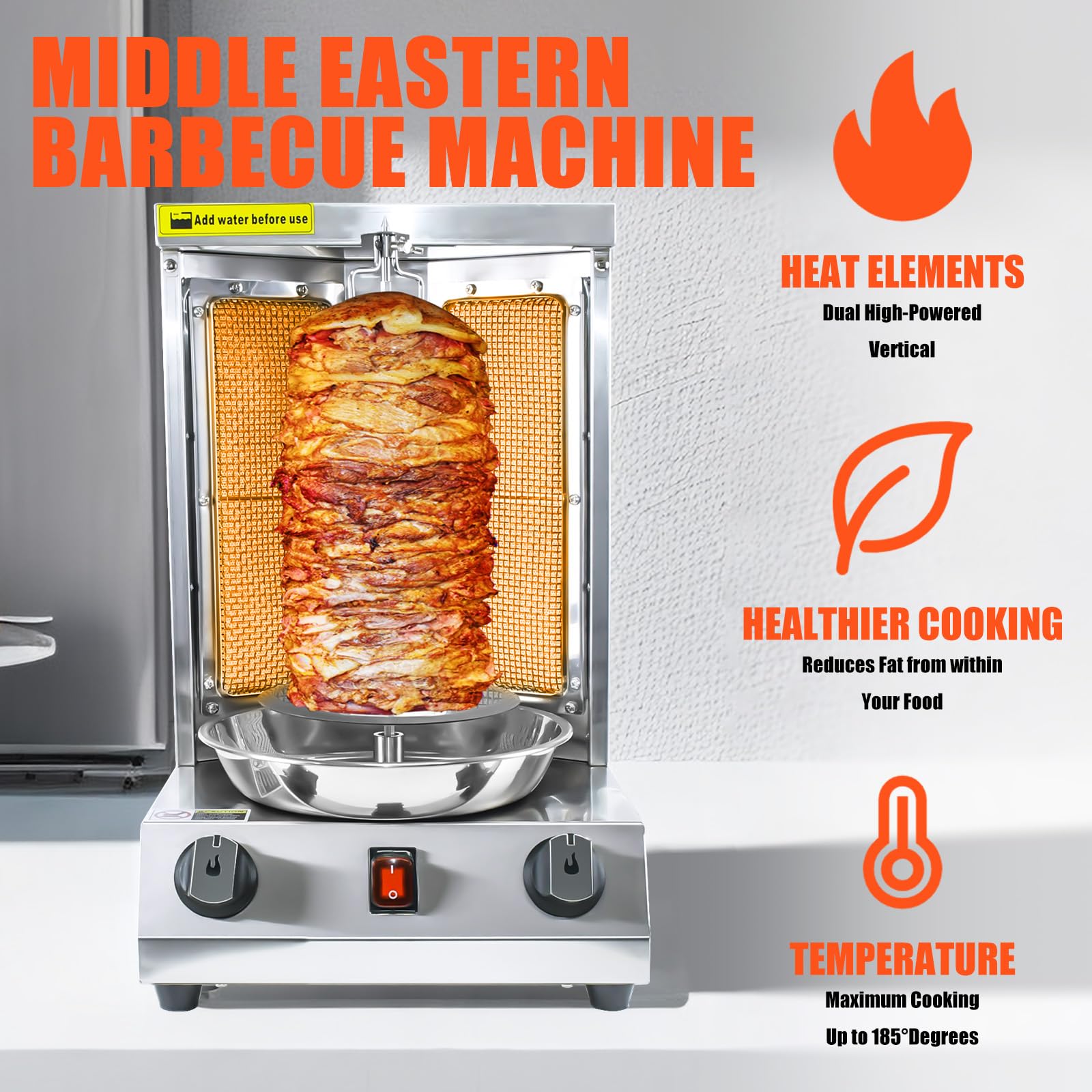 KOOTEN Vertical Shawarma Machine - Propane Gyro Grill, Chicken Roaster & Doner Kebab Maker with 2 Burners & Meat Catch Pan - Perfect for Restaurants, Food Trucks & Catering Events