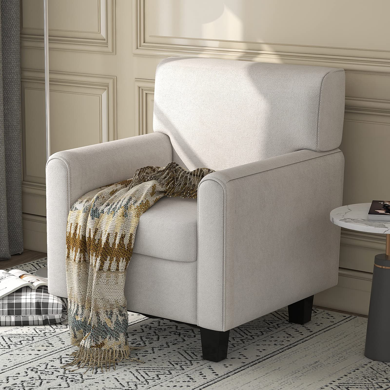 Modern Upholstered Accent Armchair with Soft Armrests & Backrest - Solid Wood Frame & Rubber Legs - Comfortable Living Room, Bedroom or Office Chair (Off-White Fabric) - Perfect for Reading Nooks, Cozy Corners and Small Spaces