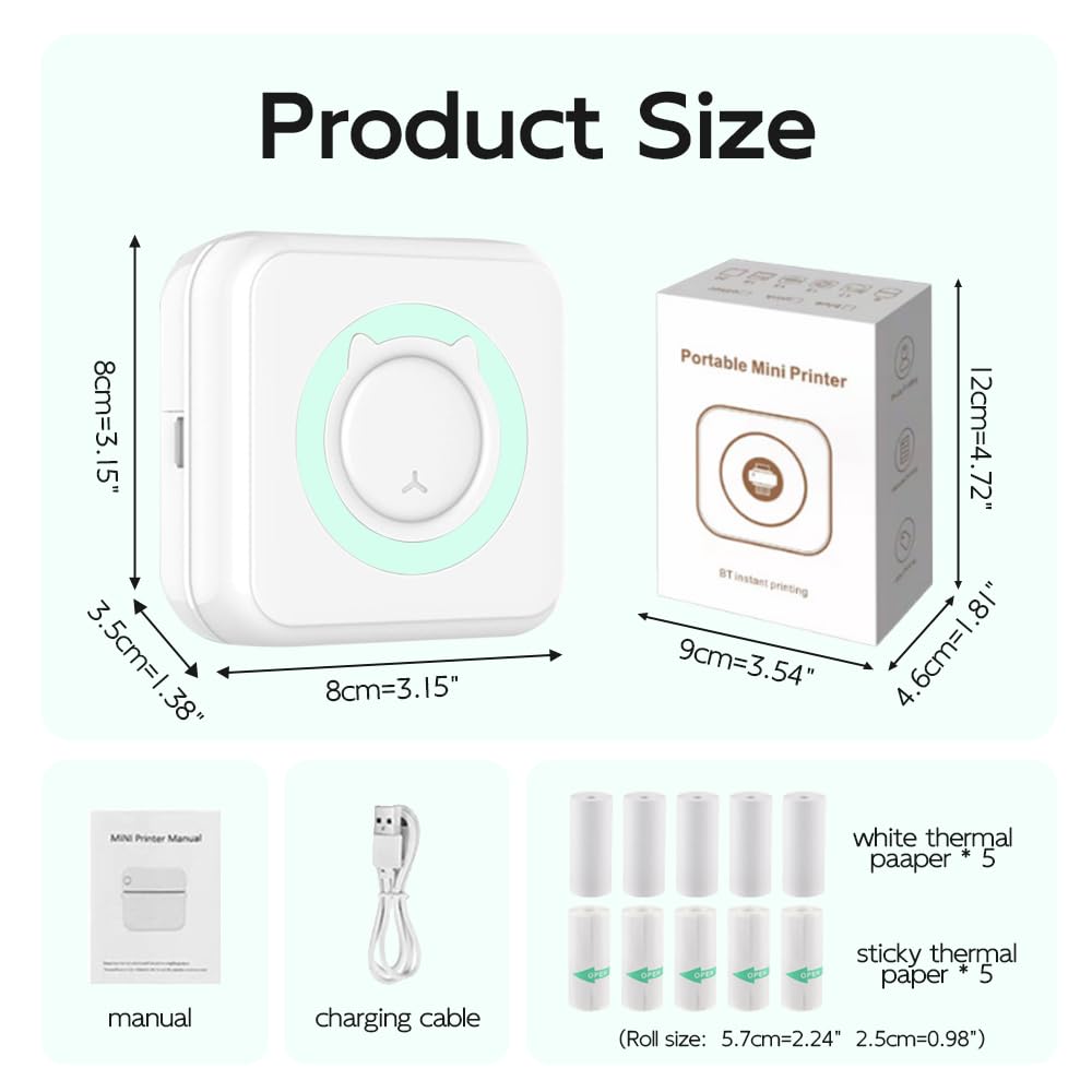 Mini Bluetooth Sticker Printer - Portable Thermal Photo Printer for iPhone, Smart Note Buddy with 10 Rolls Thermal Paper - Perfect for Journaling, Scrapbooking, Memos & Instant Photo Printing On-The-Go