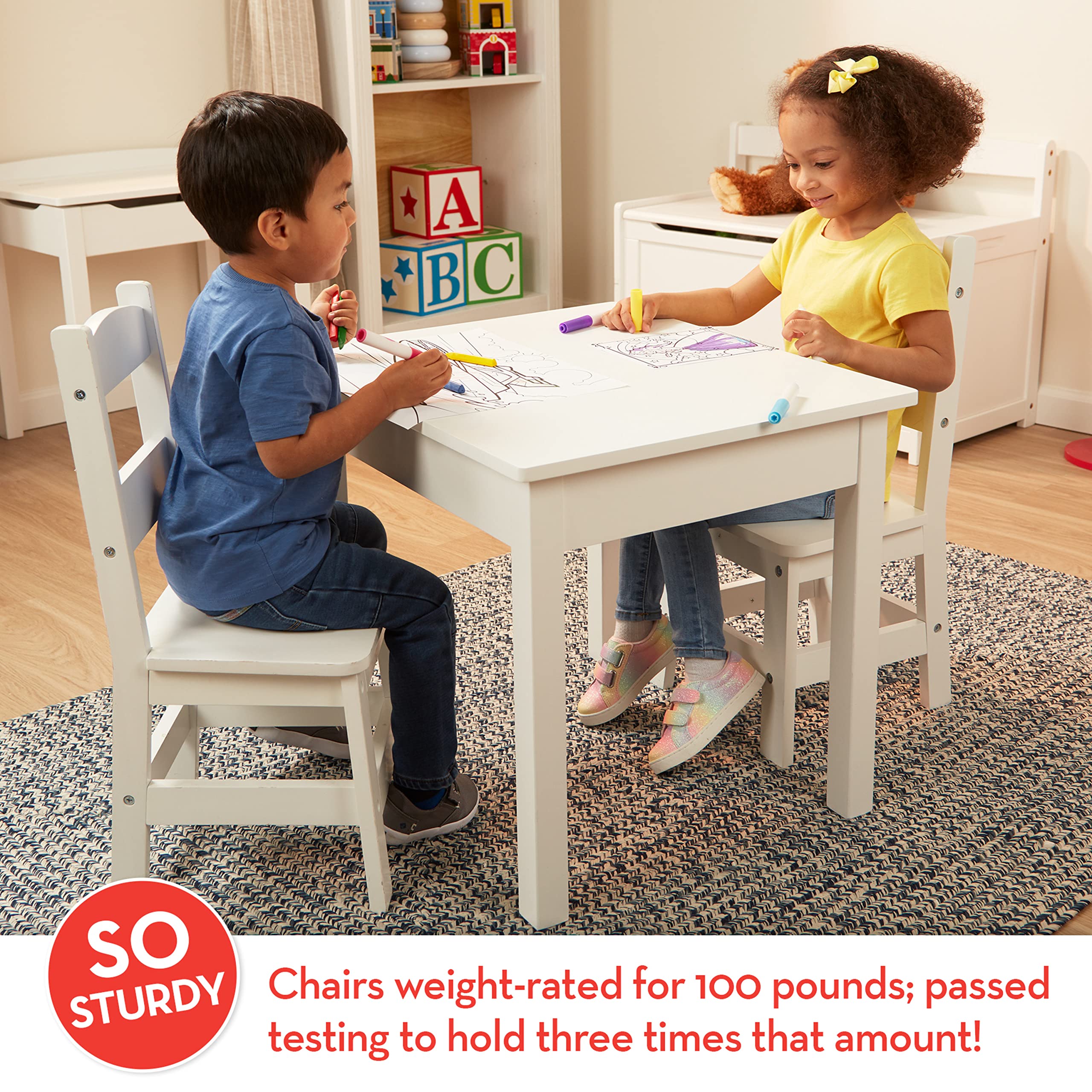 Melissa & Doug White Wooden Kids Table and 4 Chairs Set - Toddler-Sized Furniture for Playroom, Classroom & Indoor Play Area