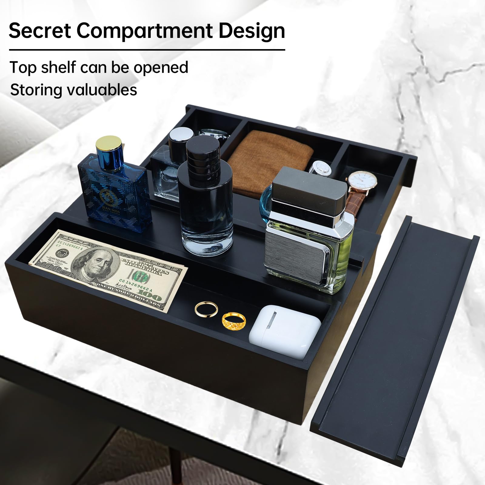 Premium 3-Tier Wooden Cologne Organizer for Men - Black Perfume Display Stand with Storage Drawer, Countertop Organizer & Cologne Holder - Perfect Gift for Dresser, Bathroom, or Vanity Organization