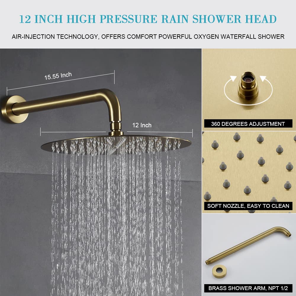 Premium Brushed Gold Shower Faucet Set with 12-Inch Rainfall Shower Head & Bathtub - High Pressure Bathroom Fixture for Luxurious Spa Experience | Modern Gold Shower System for Master Bathroom & Guest Suite Renovation