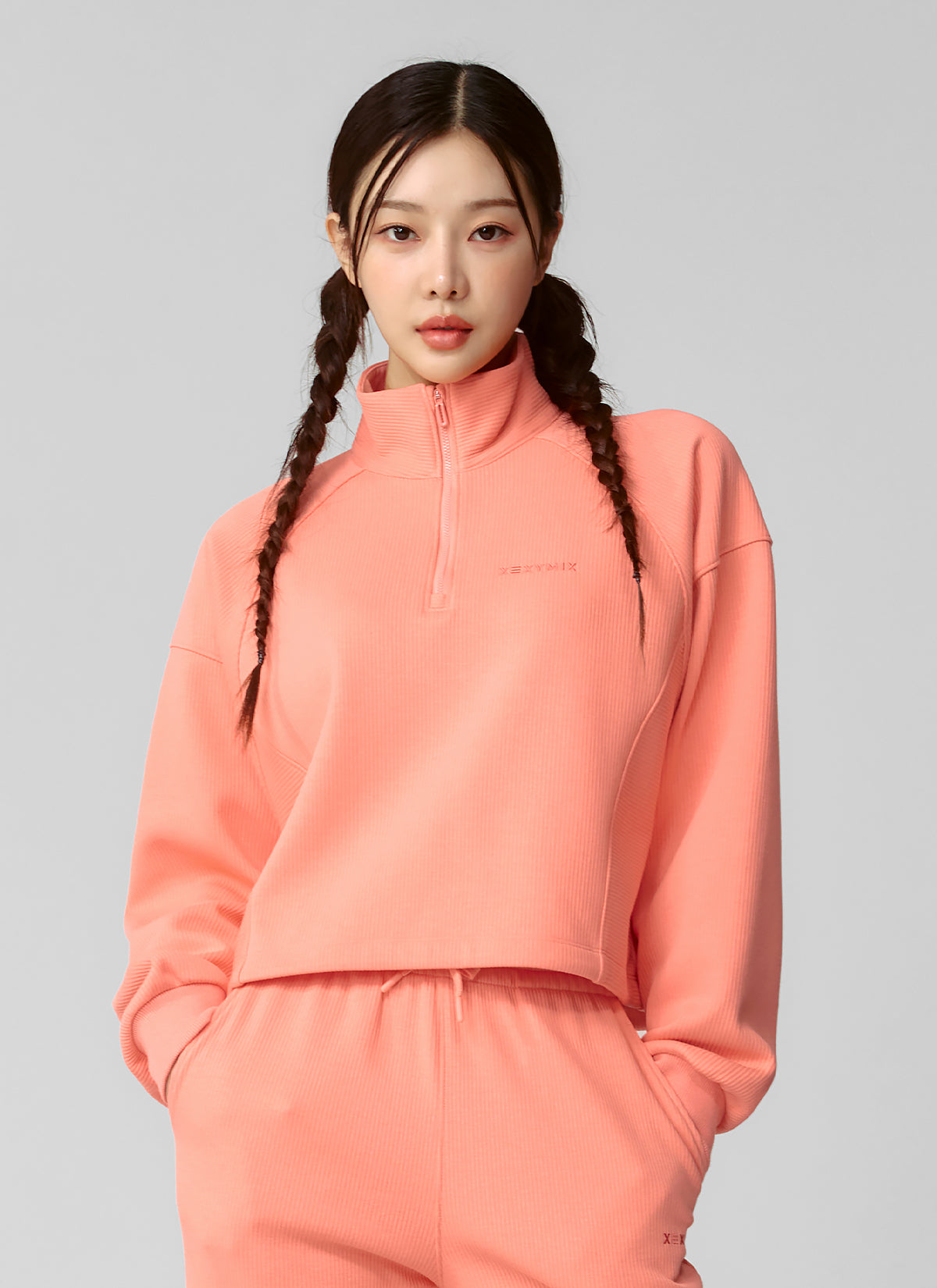 Women's Peach Ribbed High Neck Half Zip Anorak Jacket - Stylish & Cozy Outerwear for Fall & Winter, Perfect for Casual Outings & Outdoor Adventures