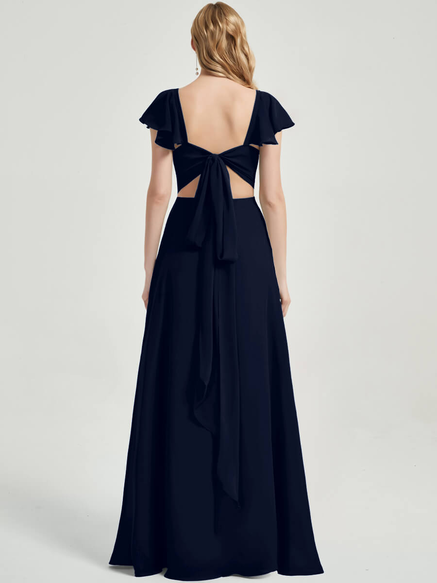 Elegant Dark Navy Ruffle Cap Sleeve Maxi Chiffon Bridesmaid Dress with High Slit | Formal Wedding Party Gown for Bridesmaids, Evening Gowns & Special Occasions