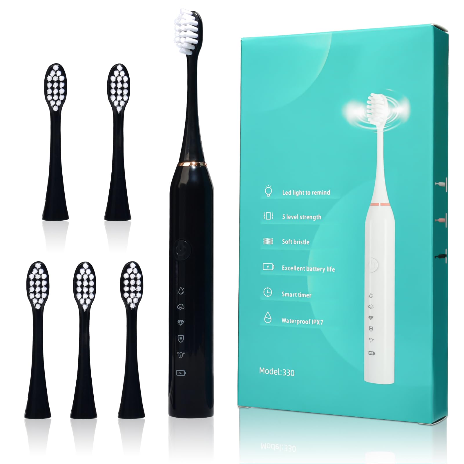 30,000 RPM Rechargeable Electric Toothbrush with 6 Brush Heads, 2-Min Smart Timer, 5 Modes & Teeth Whitening - Black - Perfect for Travel, Home & Daily Oral Care