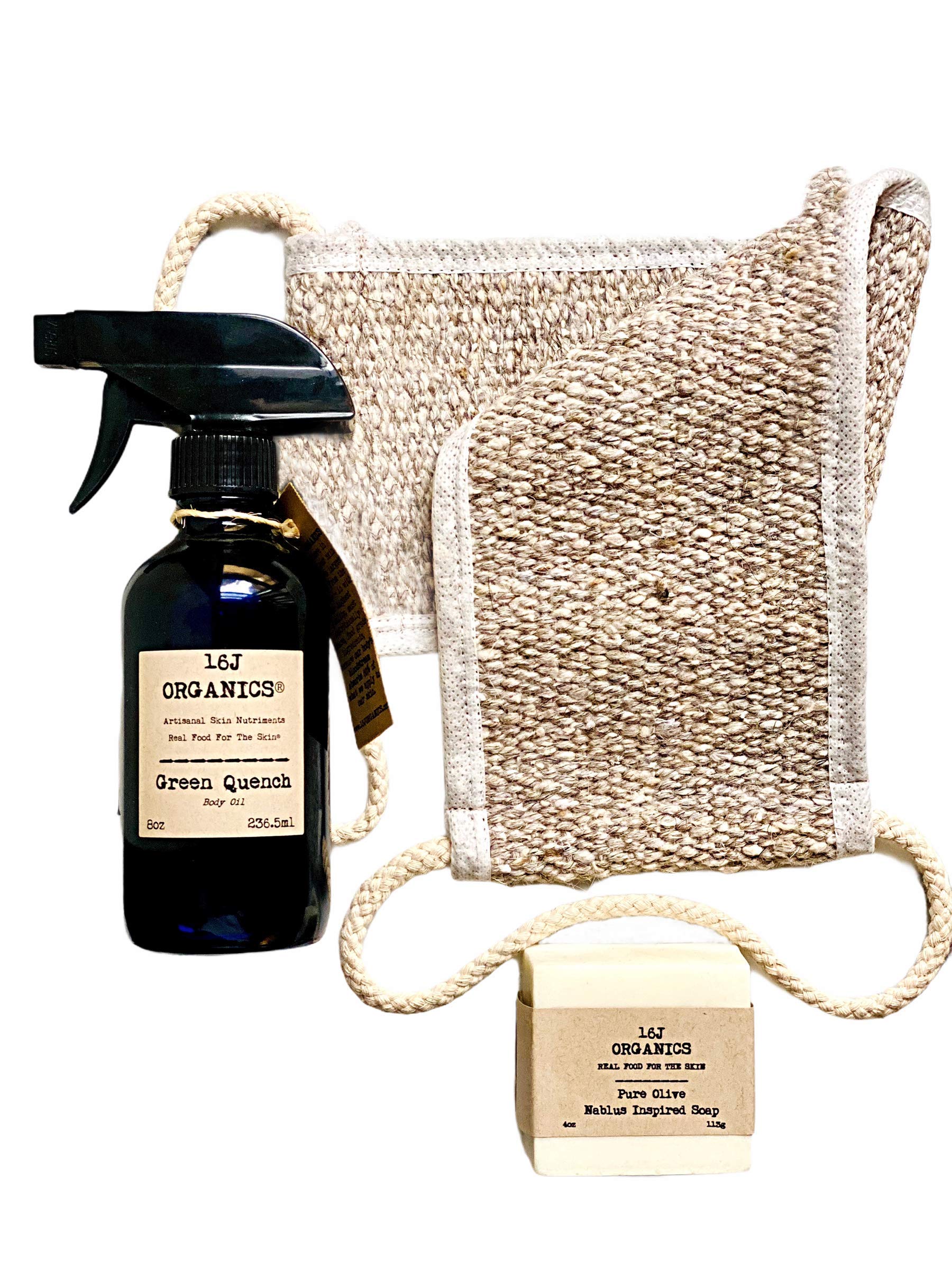 Organic 100% Natural Turkish Bath Spa Set - Green Quench Body Oil 8oz, Goat Hair Back Scrubber & Artisanal Olive Soap | Luxury Home Spa, Relaxation & Self-Care Gift Set