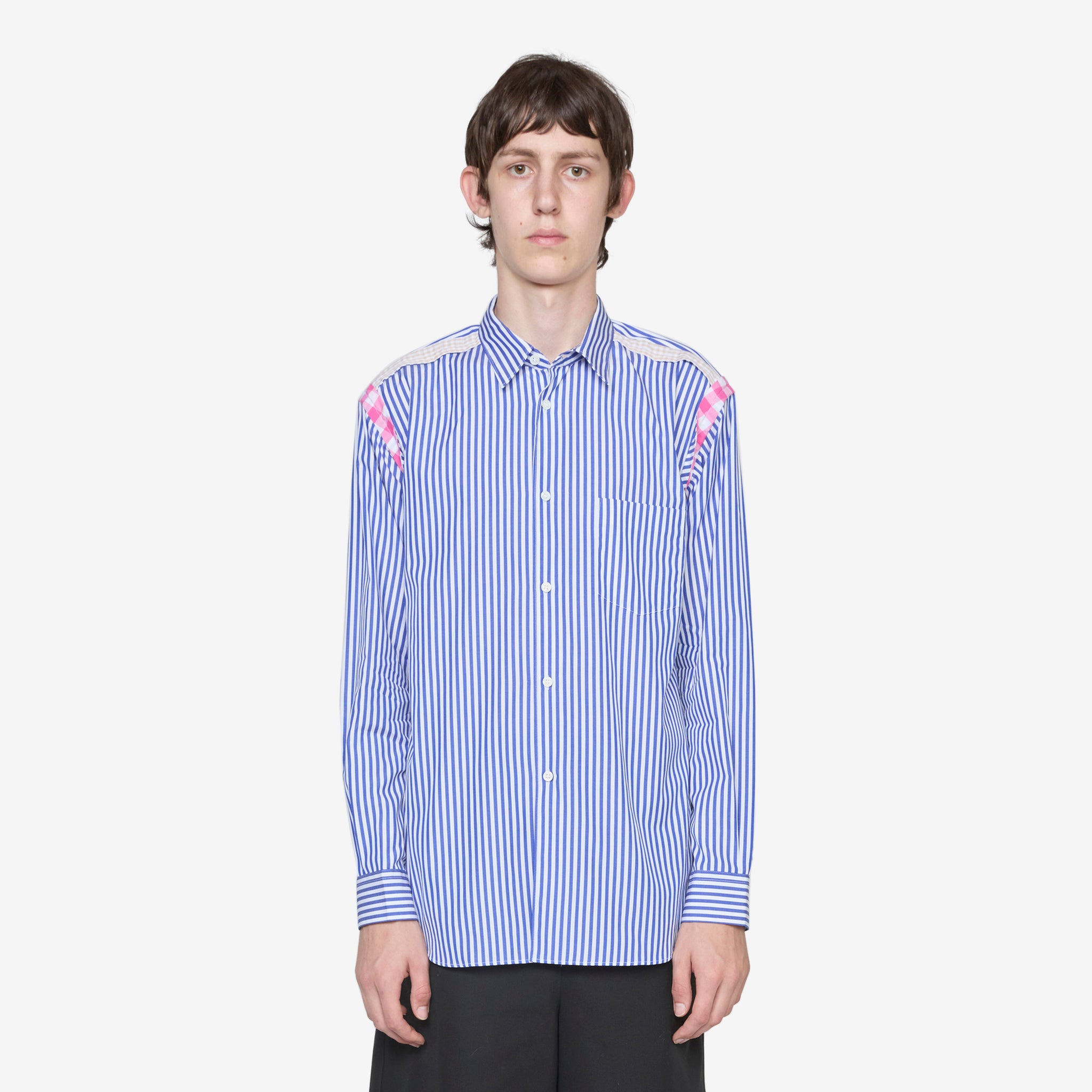 Blue Striped Gingham Trim Shirt for Women - Casual Summer Button Down Top for Picnics, Beach Outings and Office Wear