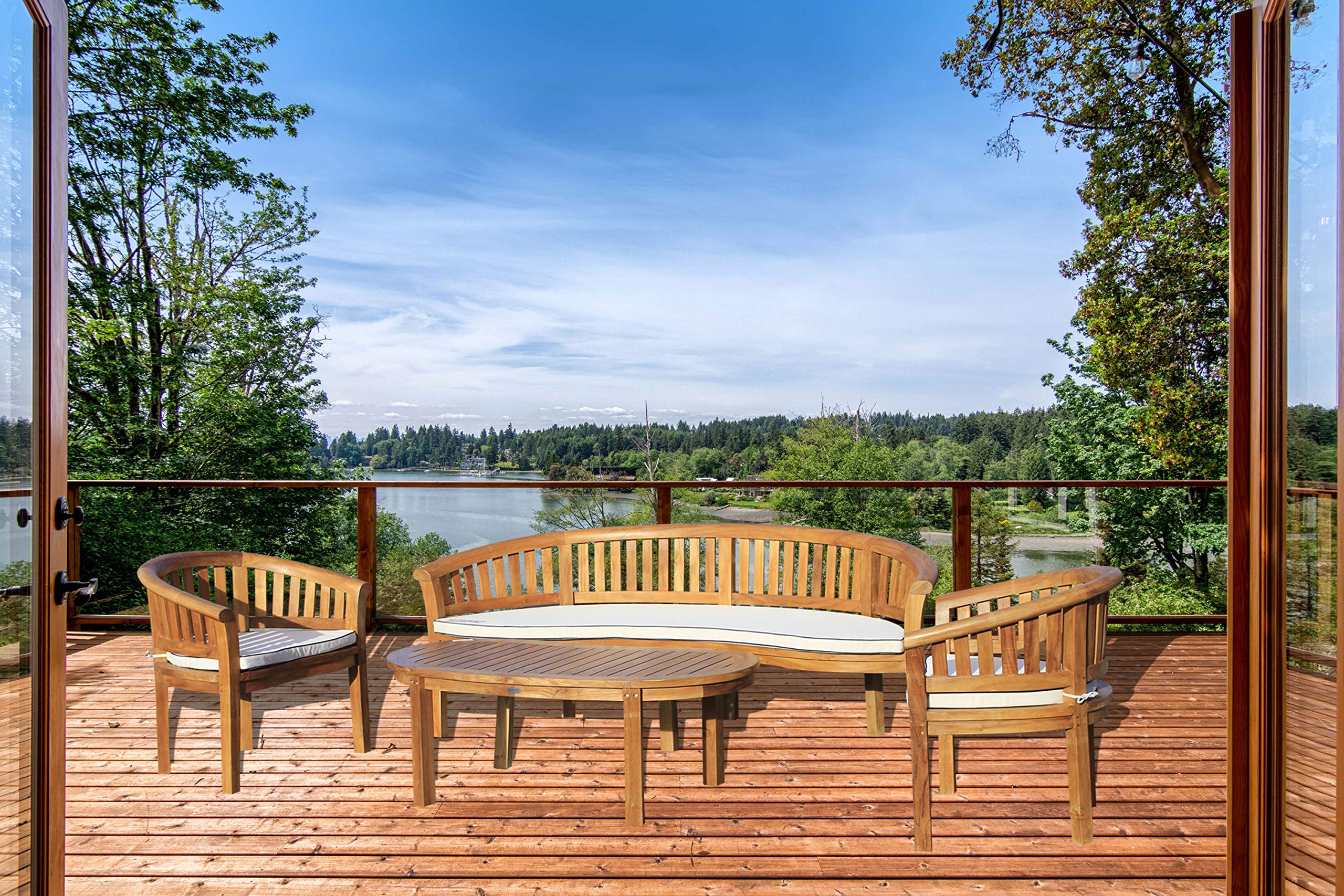 Premium 4-Piece Teak Wood Outdoor Patio Lounge Set - Triple Bench, 2 Chairs & Coffee Table - Solid A-Grade Teak Furniture for Garden, Poolside & Backyard Relaxation