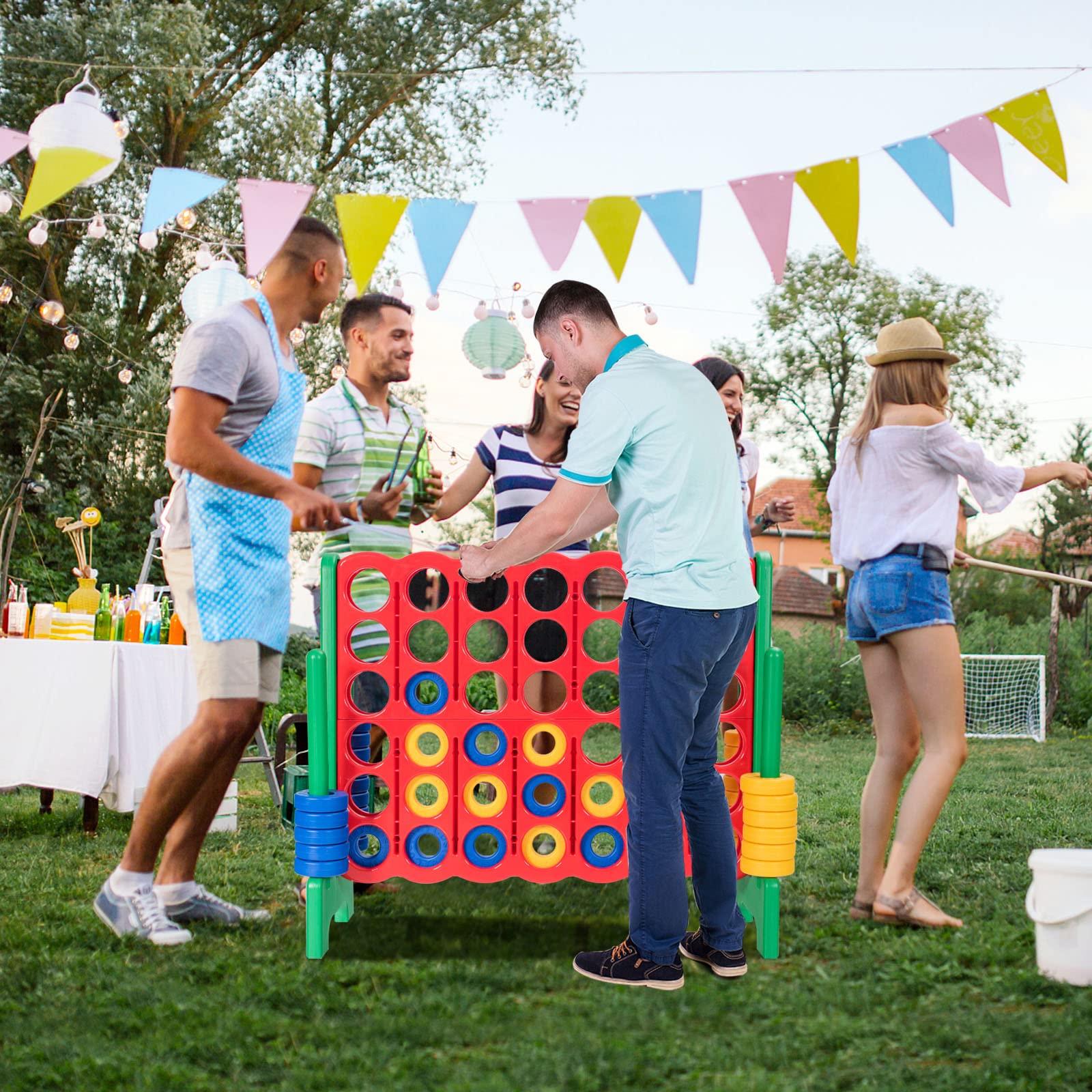 HONEY JOY Jumbo 4-to-Score Giant Connect 4 Game Set - 42 Oversized Rings with Quick-Release Slider | 3.5FT Tall Outdoor Yard Game for Family, Kids & Adults | Perfect for Backyard Parties, Picnics & Summer Gatherings