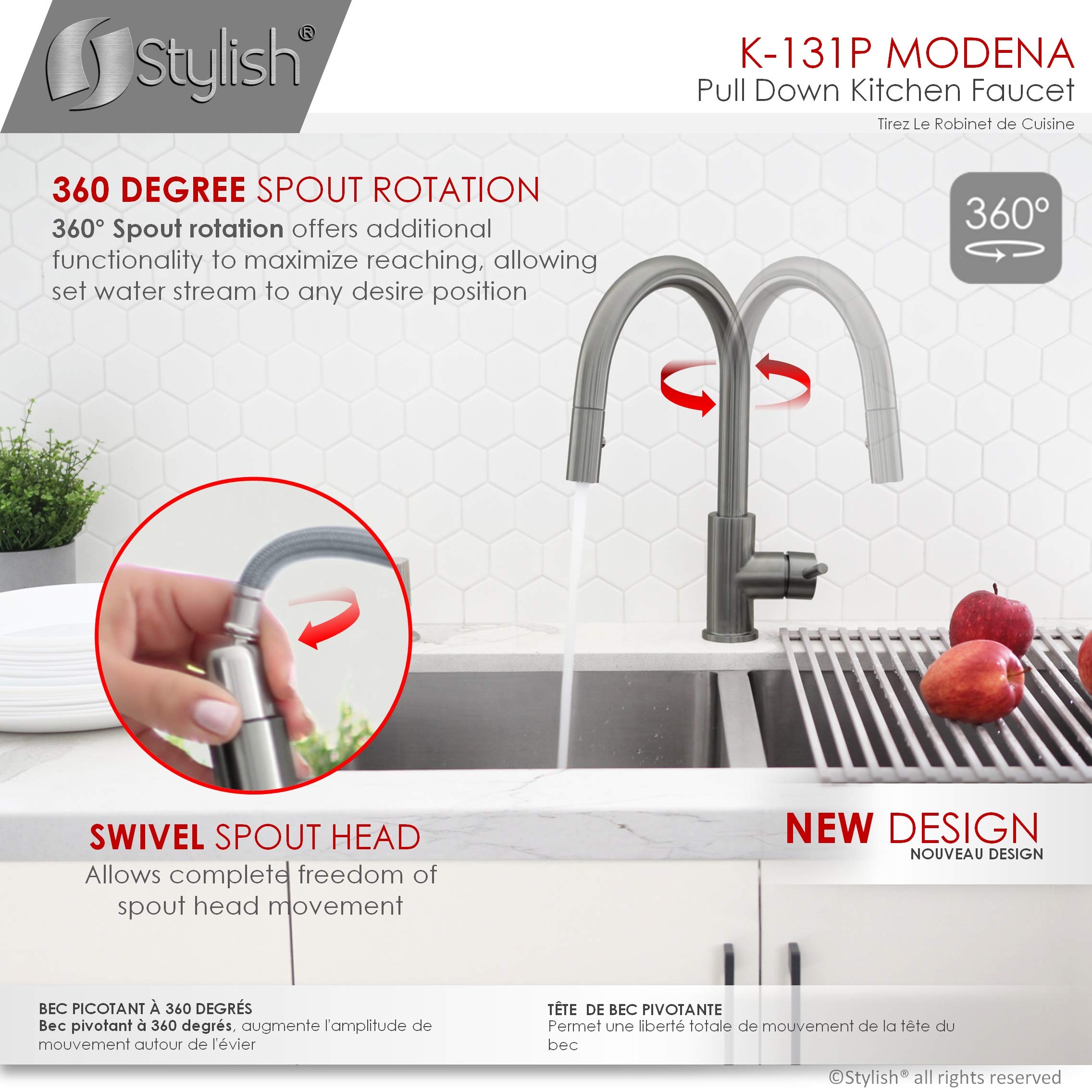 Stylish Pull Down Kitchen Faucet - 1 Handle Dual Function Sprayer with Ceramic Cartridge & Aerator | Brushed Gun Metal Stainless Steel (Model K-131P) | Perfect for Modern Kitchens & Easy Dishwashing