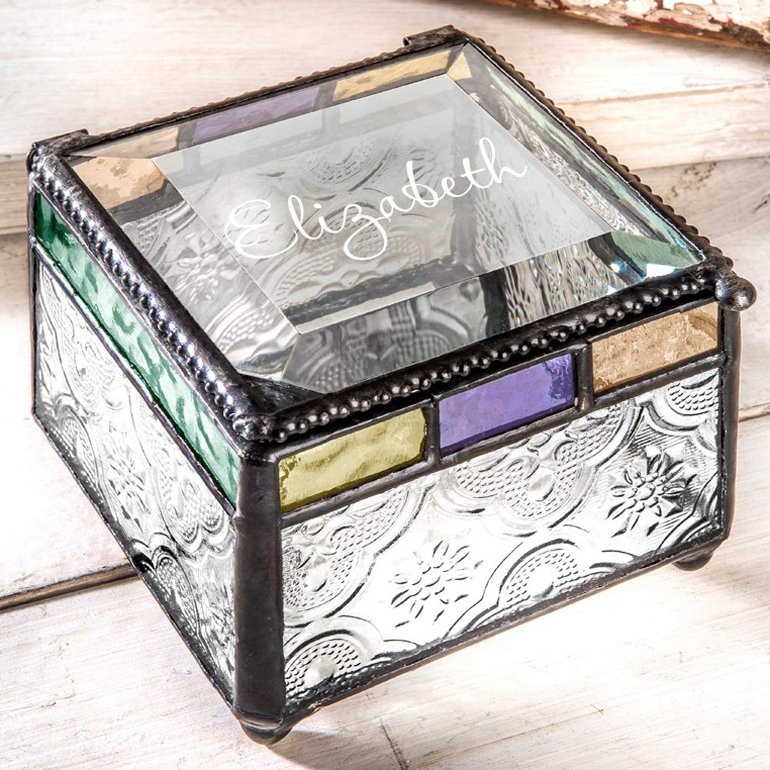 Personalized Jewelry Box with Stained Glass - Decorative Vanity Display Case for Keepsakes & Gifts | Perfect for Wedding, Birthday & Anniversary Presents - J Devlin Box 905 EB245