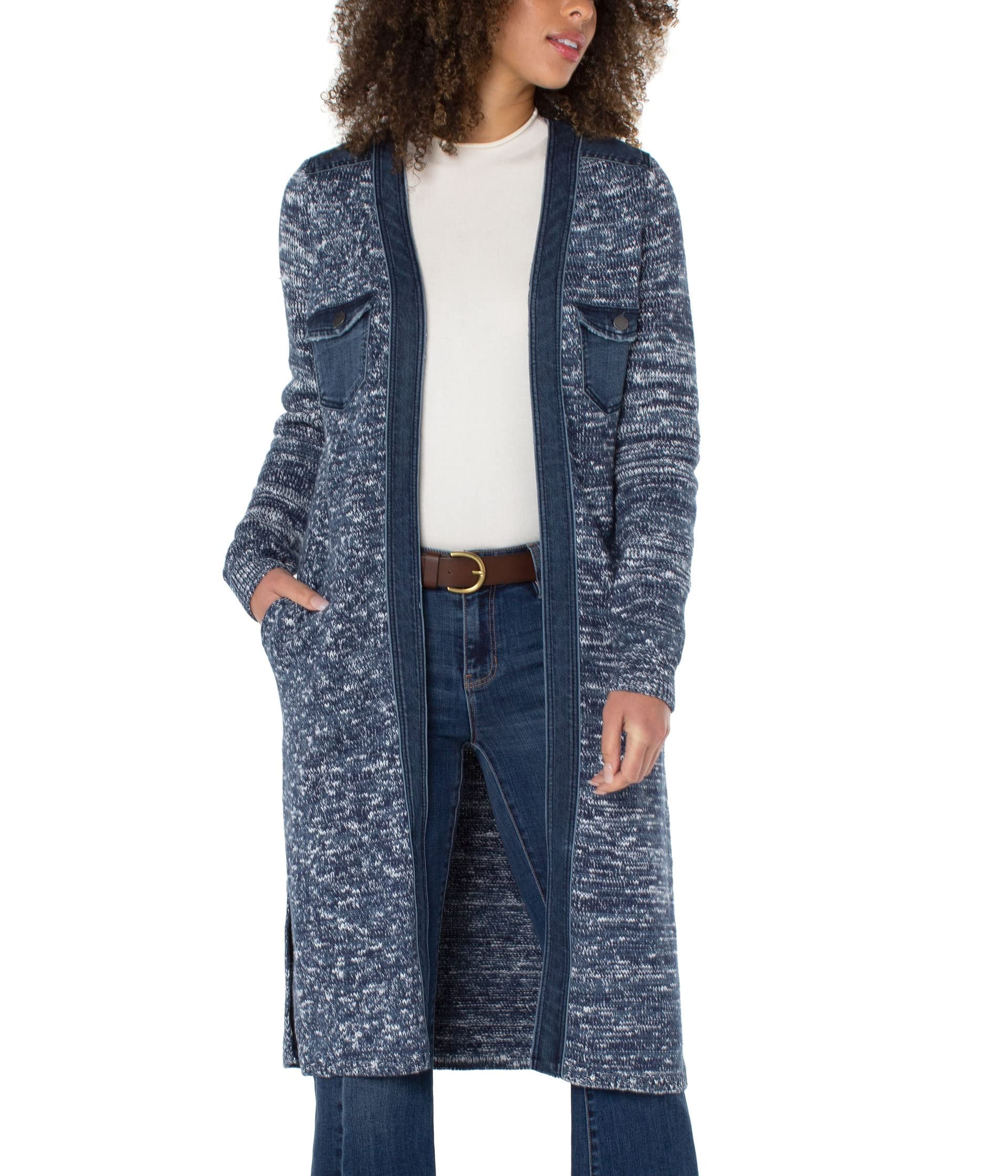 Liverpool Long Sweater Cardigan with Denim Trim - Cozy Oversized Knit Cardigan for Women | Perfect for Fall Layering, Casual Outfits & Coffee Dates