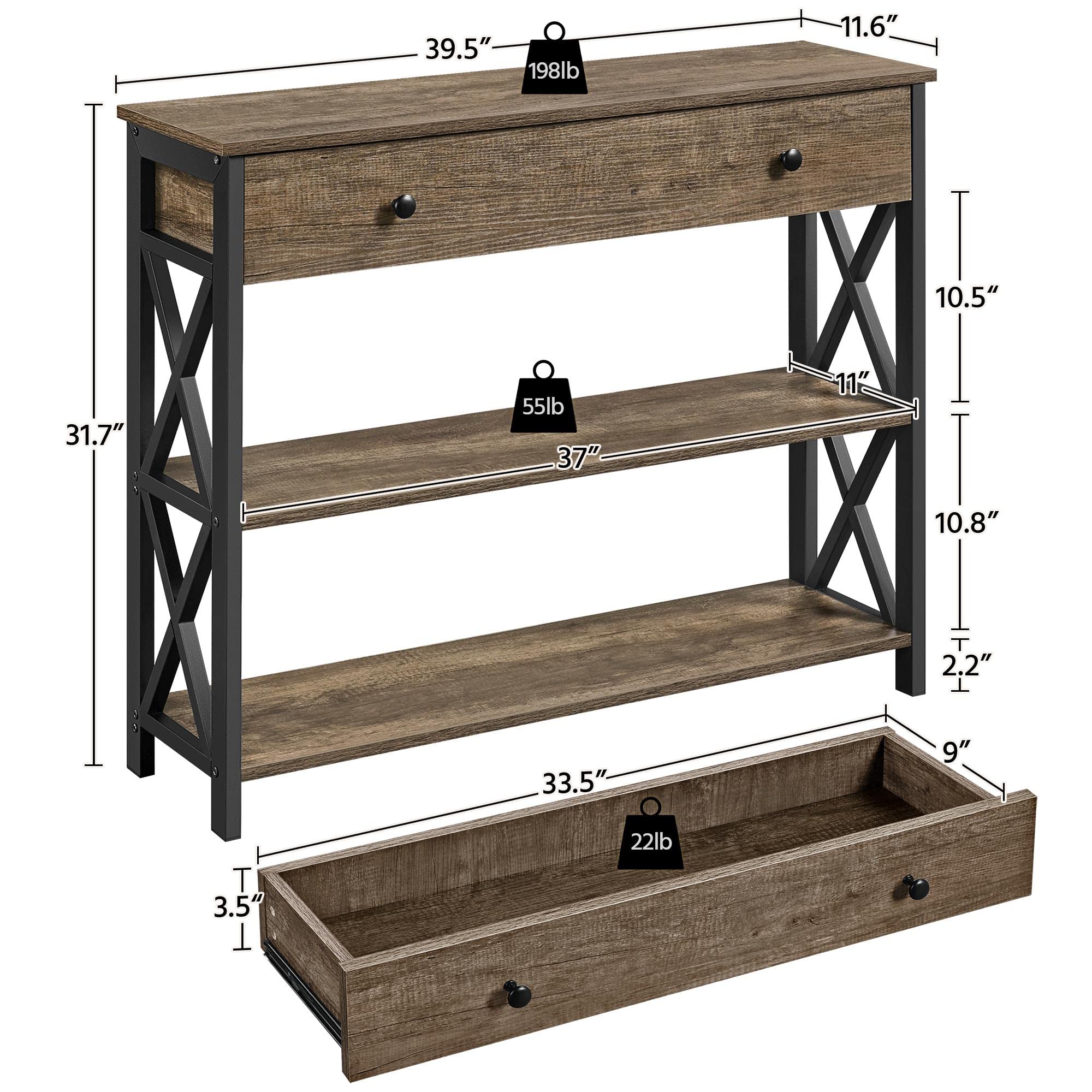 Topeakmart 3-Tier Industrial Console Table with Storage Drawer - Sturdy X-Design Sofa Table for Entryway, Hallway & Living Room - Taupe Wood Finish - Perfect for Small Spaces, Home Decor & Organization