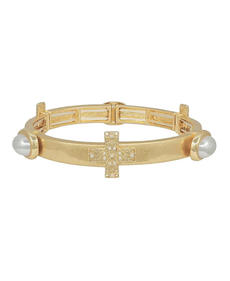 Gold Cross Pearl Stretch Bracelet for Women - Elegant Religious Jewelry Gift for Christmas, Baptism & Everyday Wear