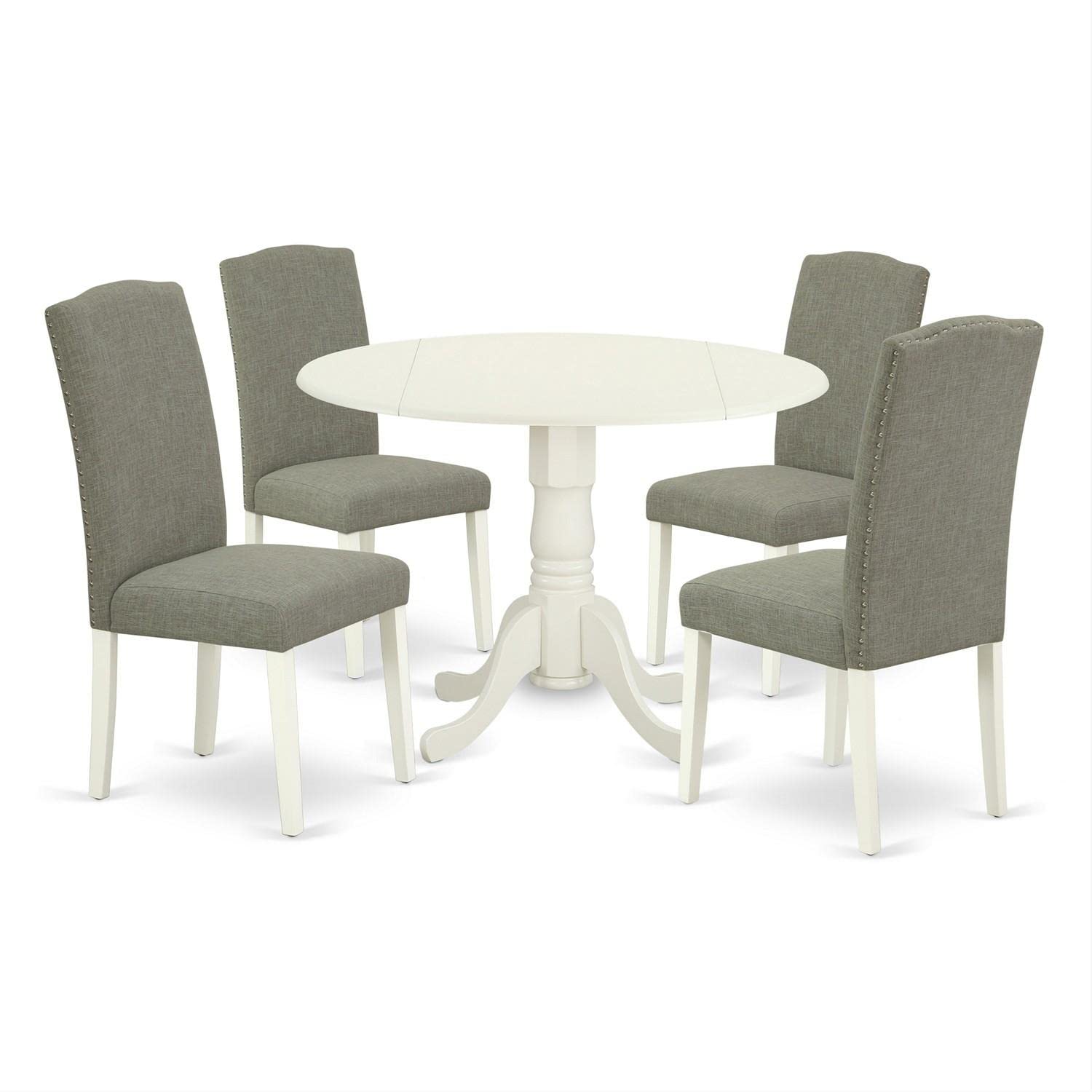 East West Furniture DLEN5-LWH-06 5-Piece Round Kitchen Dining Set with Drop-Leaf Table & 4 Upholstered Chairs, 42x42 Inch, Linen White - Perfect for Small Spaces, Breakfast Nooks, and Cozy Apartments