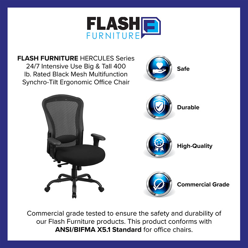 FLASH HERCULES Series Heavy Duty Ergonomic Office Chair - 400 lb Weight Capacity, Black Mesh, Synchro Tilt & Multi-Function for Big & Tall Users - Perfect for 24/7 Intensive Use in Home Offices, Gaming Setups & Workstations