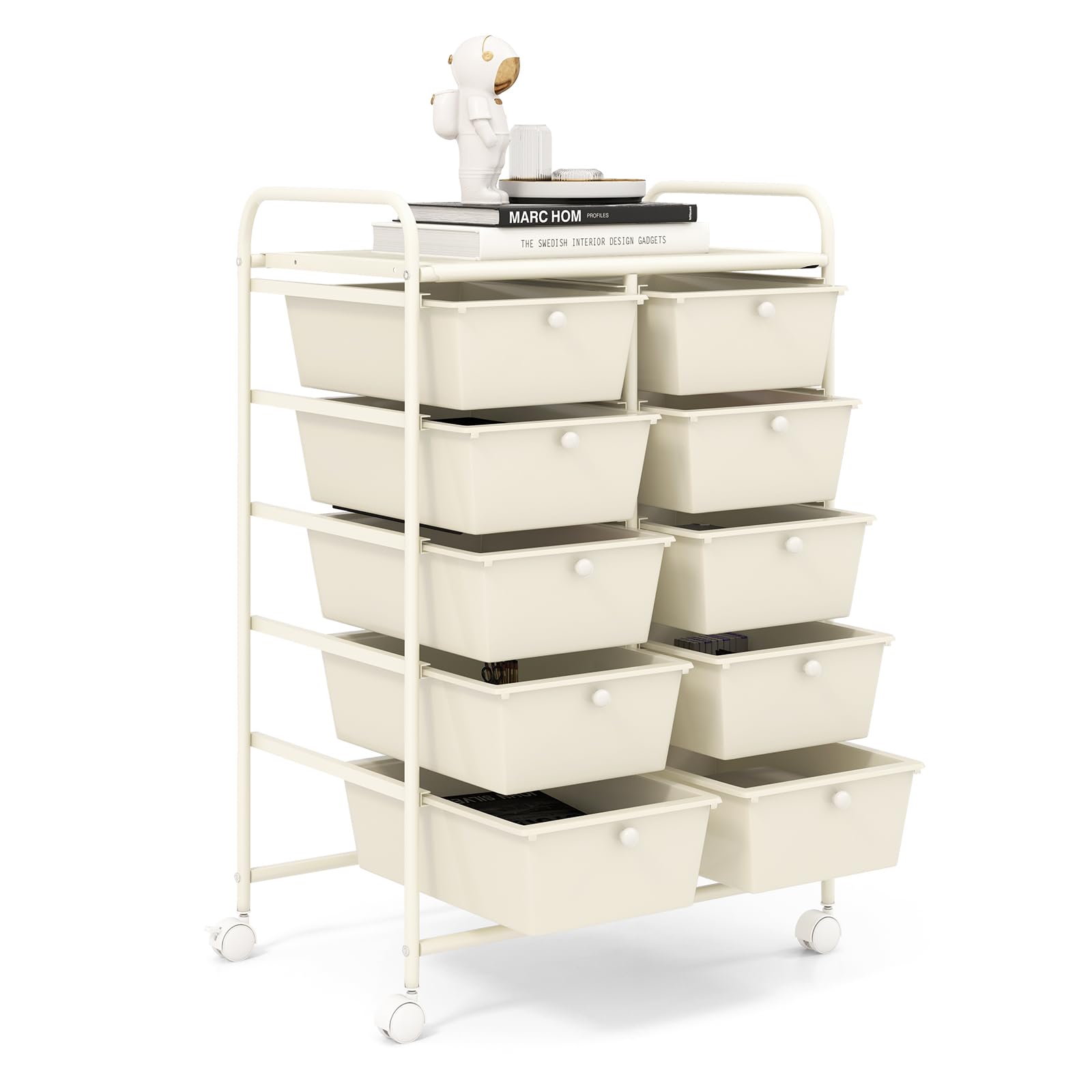 GOFLAME 10-Drawer Rolling Storage Cart with Wheels - Multipurpose Mobile Organizer for Art Supplies, Crafts, Office & Home - Ivory Utility Cart for School, Workstation & Craft Room Organization