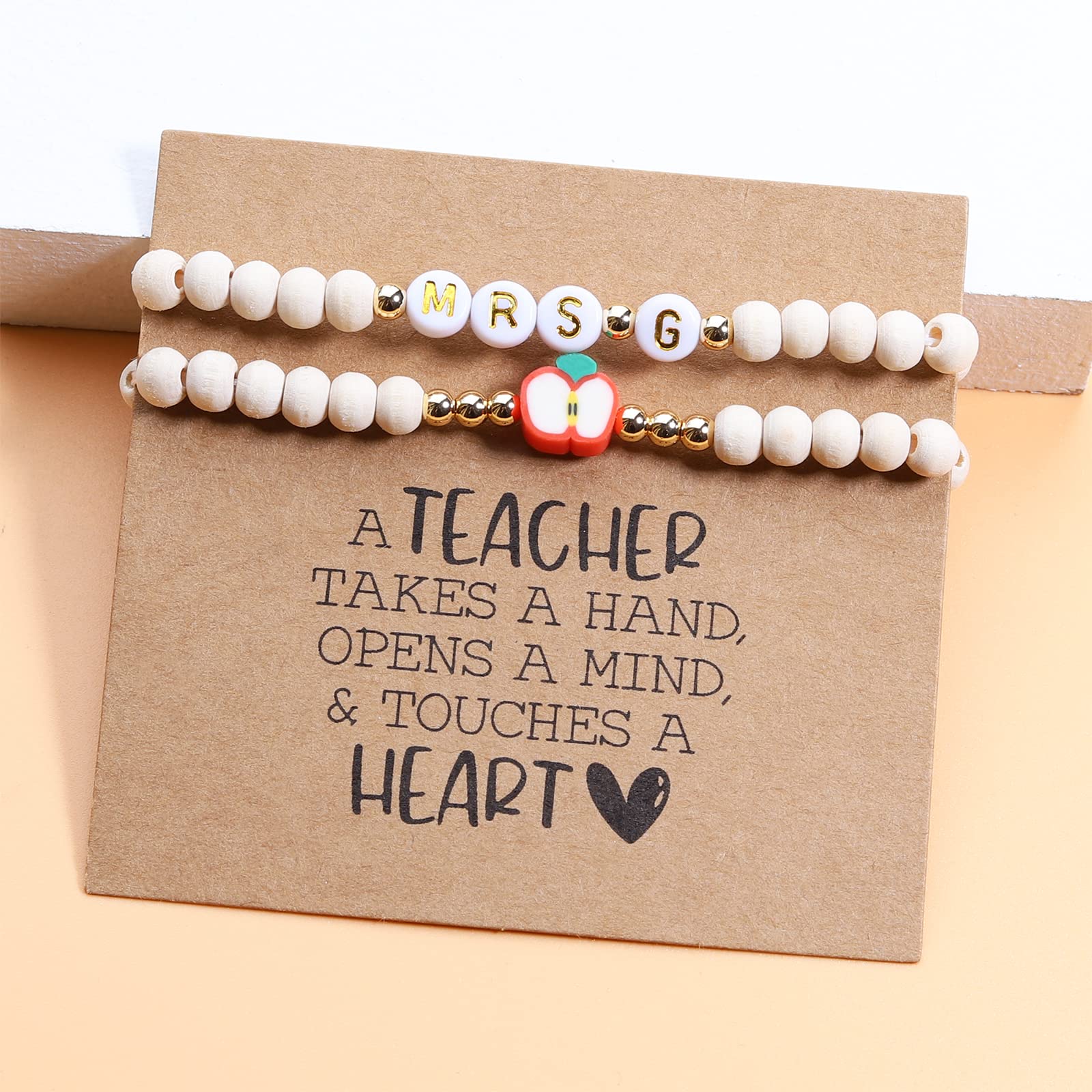 Personalized Teacher Bracelet for Women - 2 Pcs Custom Initial Mrs Miss Ms Jewelry Set with Thank You Card - Perfect Teacher Appreciation Gift from Students & Friends - Ideal for Teacher's Day, Retirement, End of Year Gifts & Special Occasions