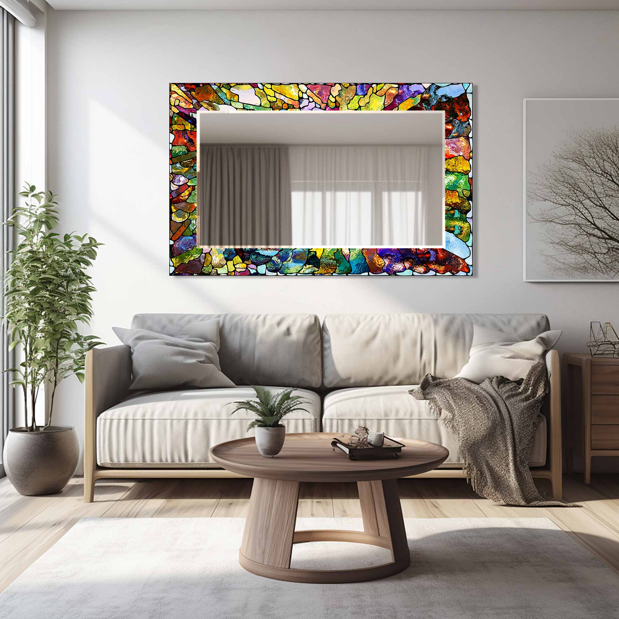 Vibrant Stained Glass Effect Tempered Mirror - Shatterproof Decorative Wall Mirror for Home Decor, Bathroom, Living Room & Bedroom