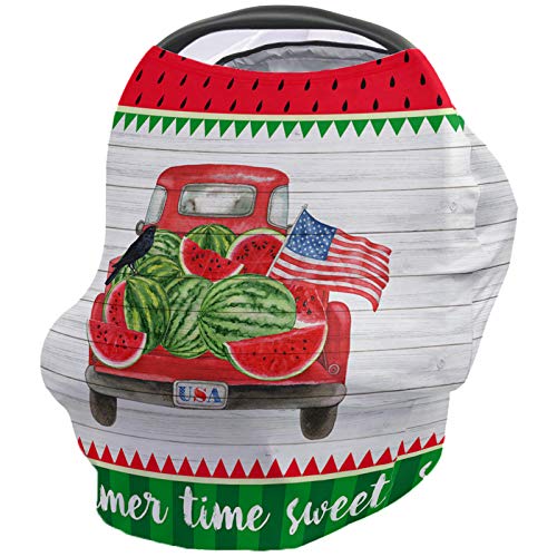 360° Full Privacy Baby Nursing Cover & Car Seat Canopy - Red Truck, Watermelon & American Flag Print on White Wood Grain - Breastfeeding Cover & Shopping Cart Cover - Perfect Baby Shower Gift for Boys & Girls - Ideal for Nursing, Shopping & Outdoor Activities