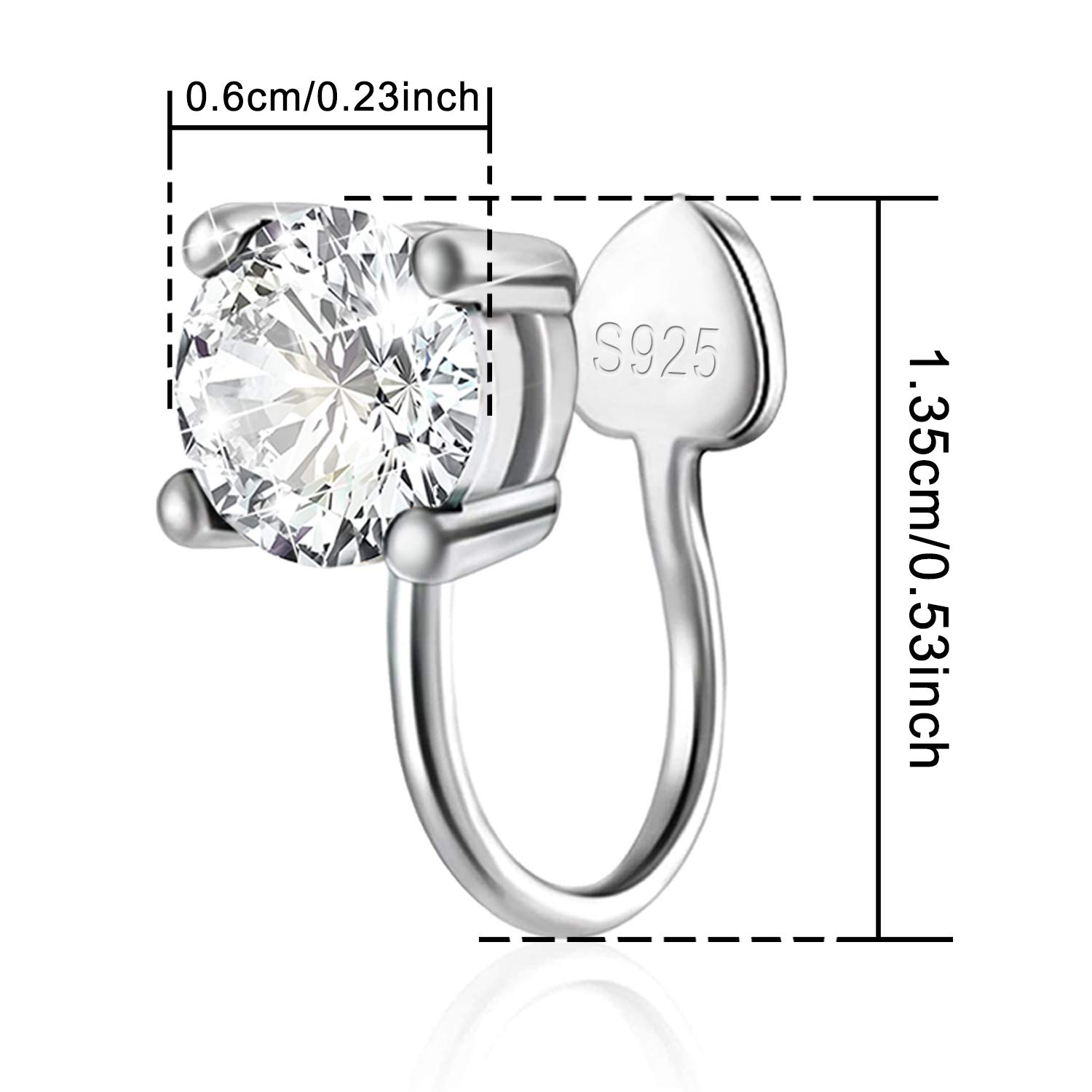 Hypoallergenic Sterling Silver Cubic Zirconia Clip-On Ear Cuffs - Non-Piercing Cartilage Earrings for Women & Girls | 6mm Round CZ Crystal Studs | Perfect for Parties, Weddings & Everyday Wear
