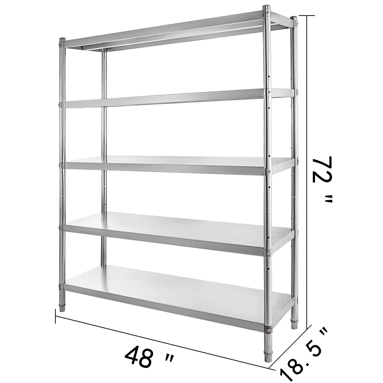 VEVOR 5-Tier Stainless Steel Shelving Unit 48x18.5 Inch, Heavy Duty Adjustable Storage Shelf for Kitchen, Commercial, Office, Garage - 330lb Capacity Per Shelf | Perfect for Pantry Organization, Warehouse Storage & Retail Display