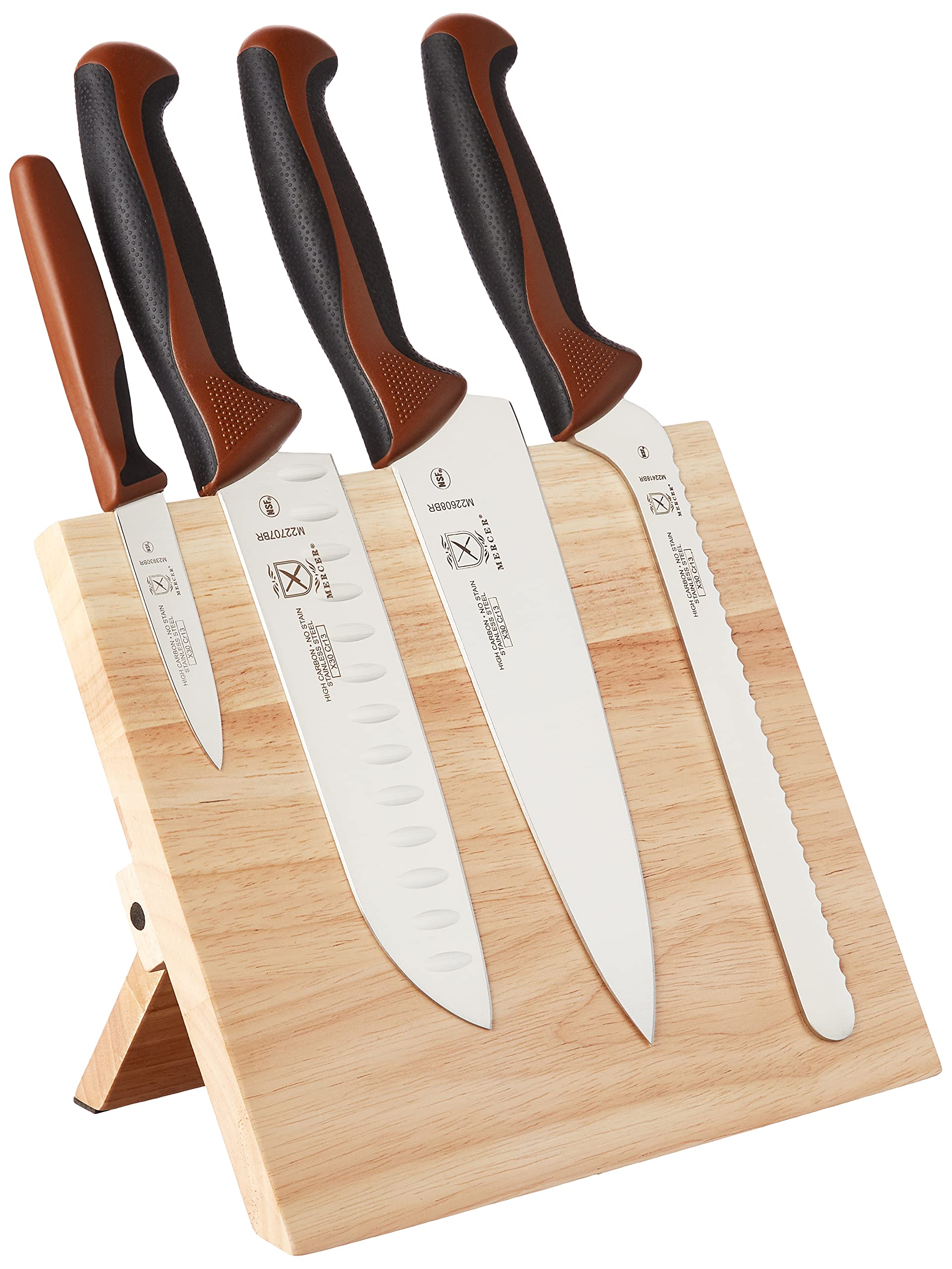 Mercer Culinary Millennia 5-Piece Magnetic Knife Set with Color-Coded Chocolate Handles - Premium Rubberwood Knife Block for Professional Chefs & Home Cooks - Perfect for Kitchen Organization & Safe Knife Storage