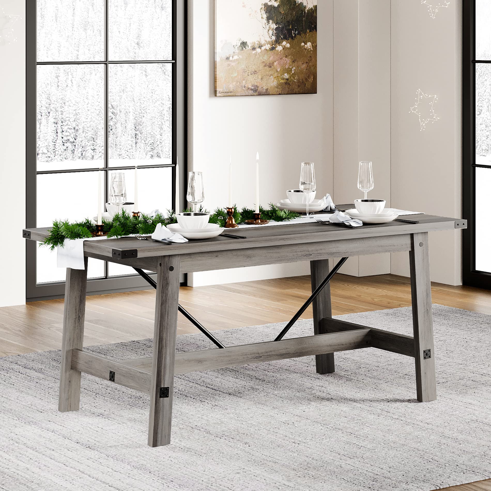 WAMPAT 4-6 Person Farmhouse Dining Table with Heavy Duty Wooden Legs, 67.7 Inch Rectangular Modern Wood Kitchen Table for Dining Room & Living Room, Rustic Grey - Perfect for Family Gatherings, Dinner Parties, and Cozy Meals
