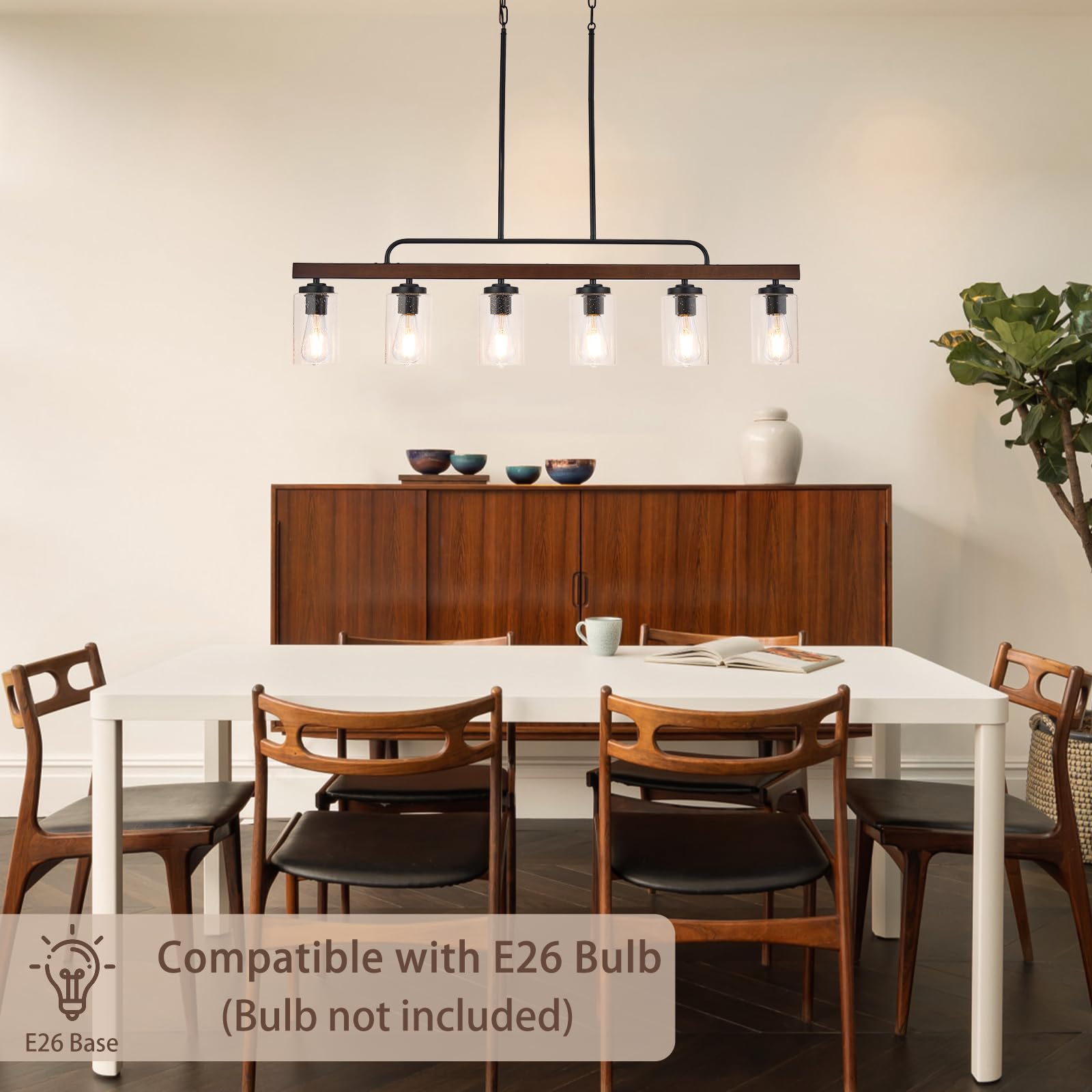 Rustic 6-Light Farmhouse Chandelier with Seeded Glass Shade - Wood Pendant Lighting for Dining Room, Kitchen Island & Table - Perfect for Country Style Home Decor & Cozy Gatherings