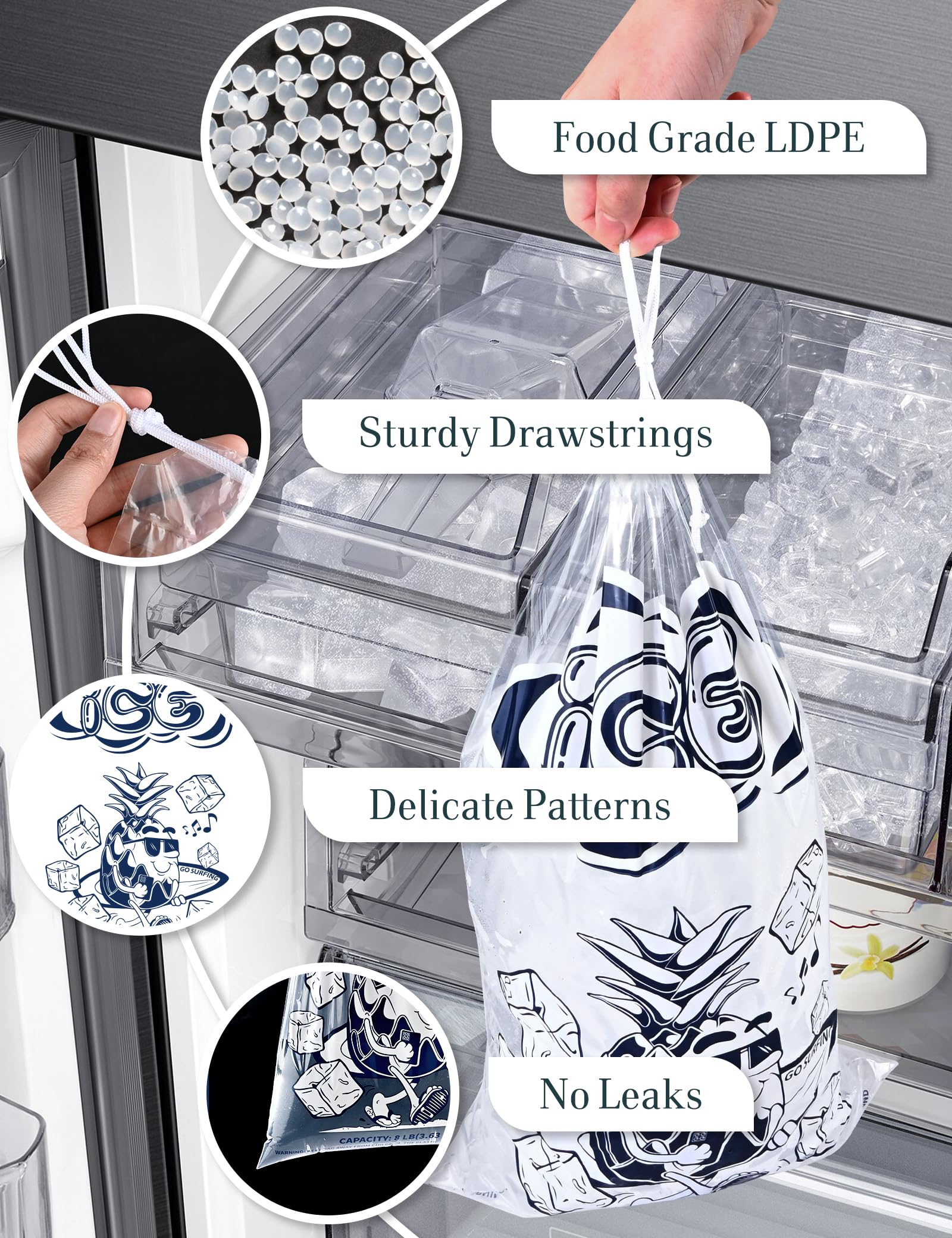50 Pack 0.5 lb Heavy-Duty Ice Bags with Drawstring - 2 Mil Thick Ice Machine Bags for Commercial Use, Party Coolers & Fishing Trips