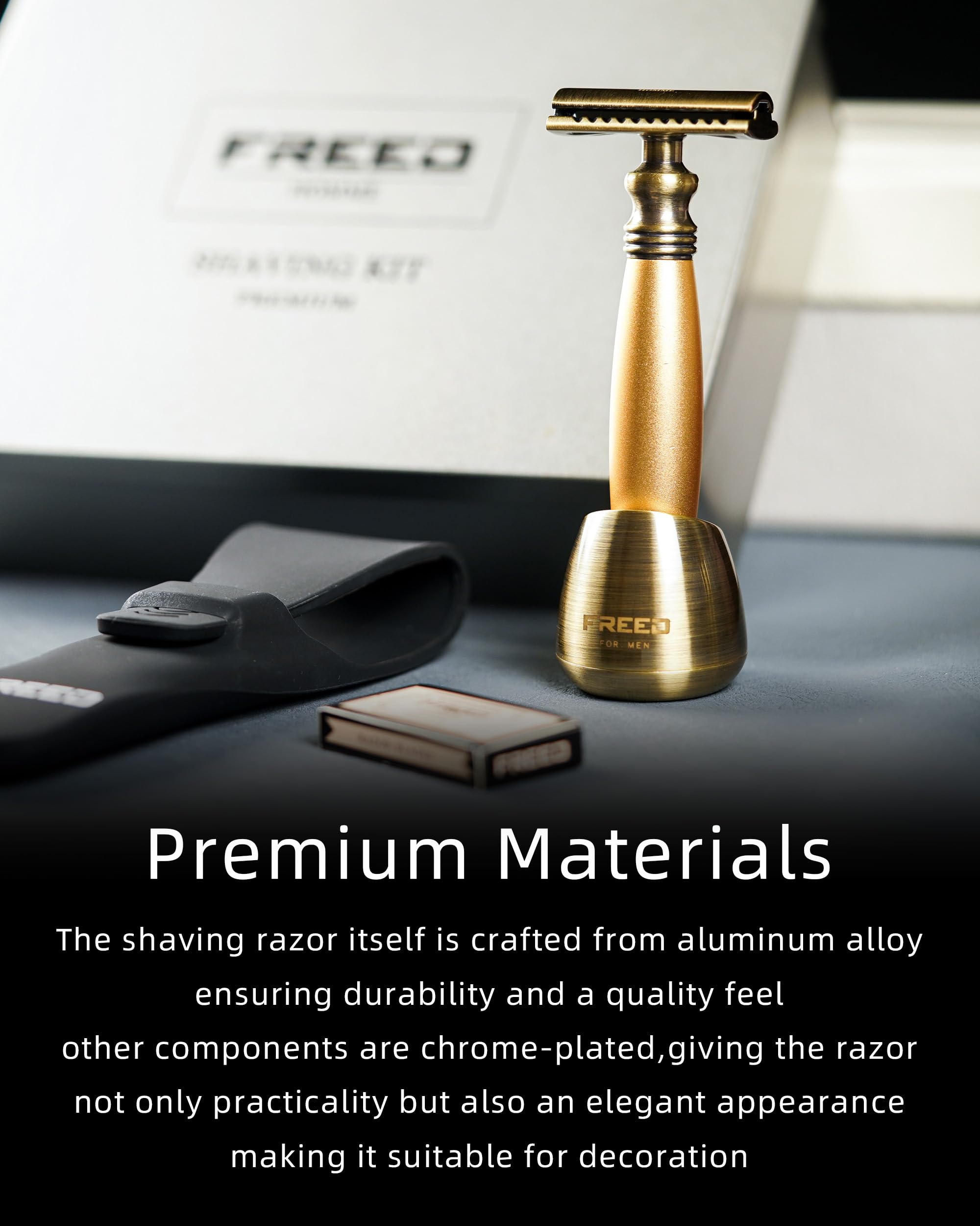 Premium Bronze Engraved Men's Shaving Kit - Metal Handle Safety Razor with Travel Case, Stand & 10 Blades - Perfect Gift for Father's Day, Birthday & Anniversary - Luxury Wet Shaving Experience for Home & Travel