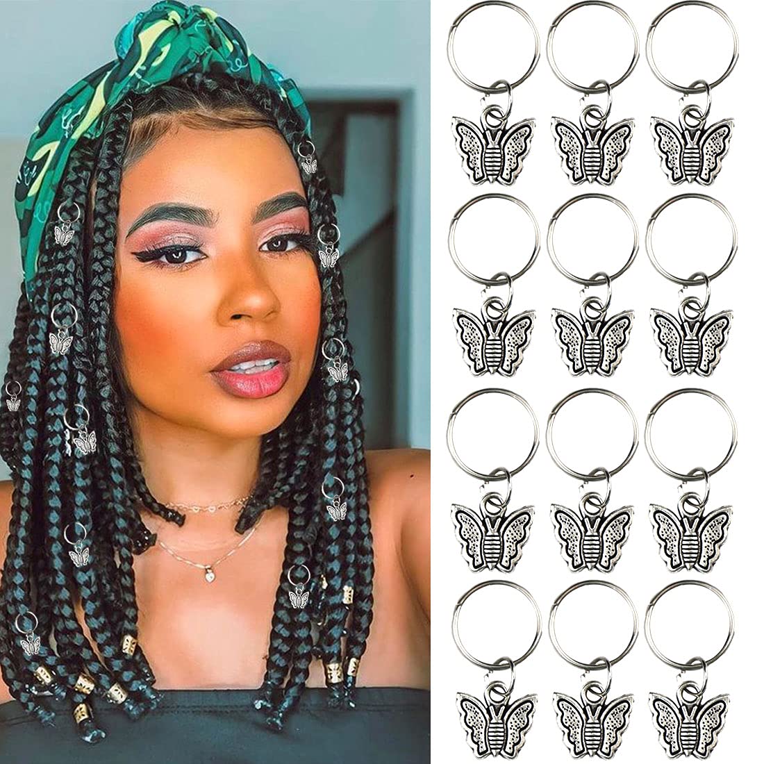 NAISKA Vintage Silver Butterfly Hair Clips for Dreadlocks & Braids - 12PCS Boho Hair Jewelry Set with Butterfly Charms & Rings - Perfect for Women's Hairstyles, Weddings & Festival Accessories