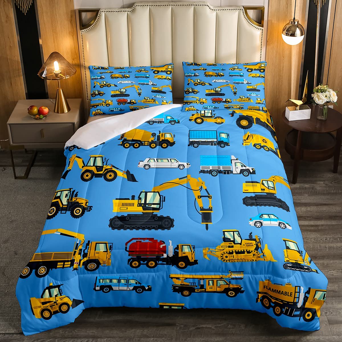 Feelyou Kids Construction Truck Comforter Set - 3Pcs Queen Size Duvet Cover with Excavator & Tractor Prints | Perfect for Boys' Room Decor & Construction-Themed Bedrooms
