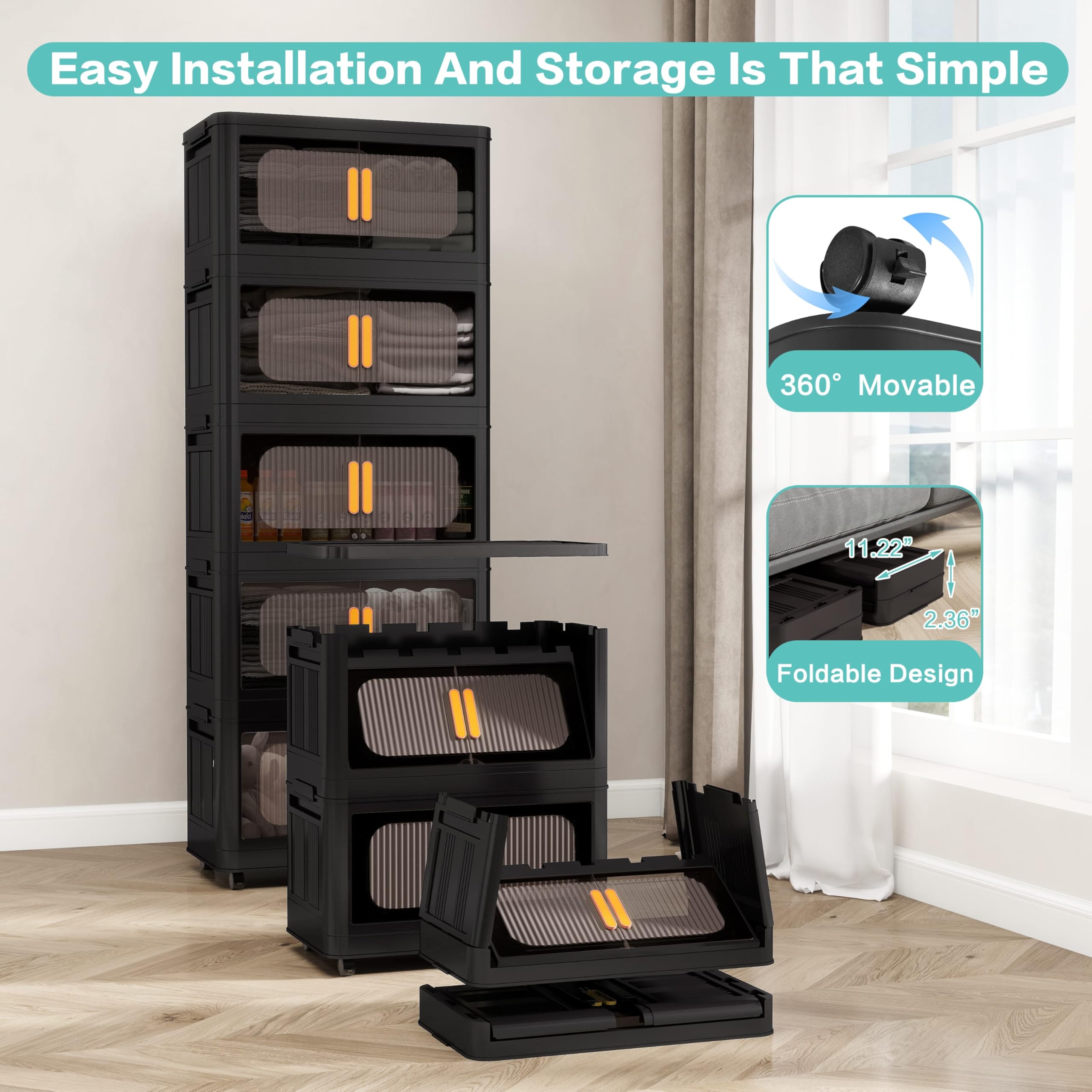 Holaki 5-Tier Collapsible Closet Organizer with Lids - Stackable Plastic Storage Bins with Wheels & Magnetic Door for Bedroom, Closet, Office (Black) - Space Saving Storage Solution for Clothes, Toys & Home Organization