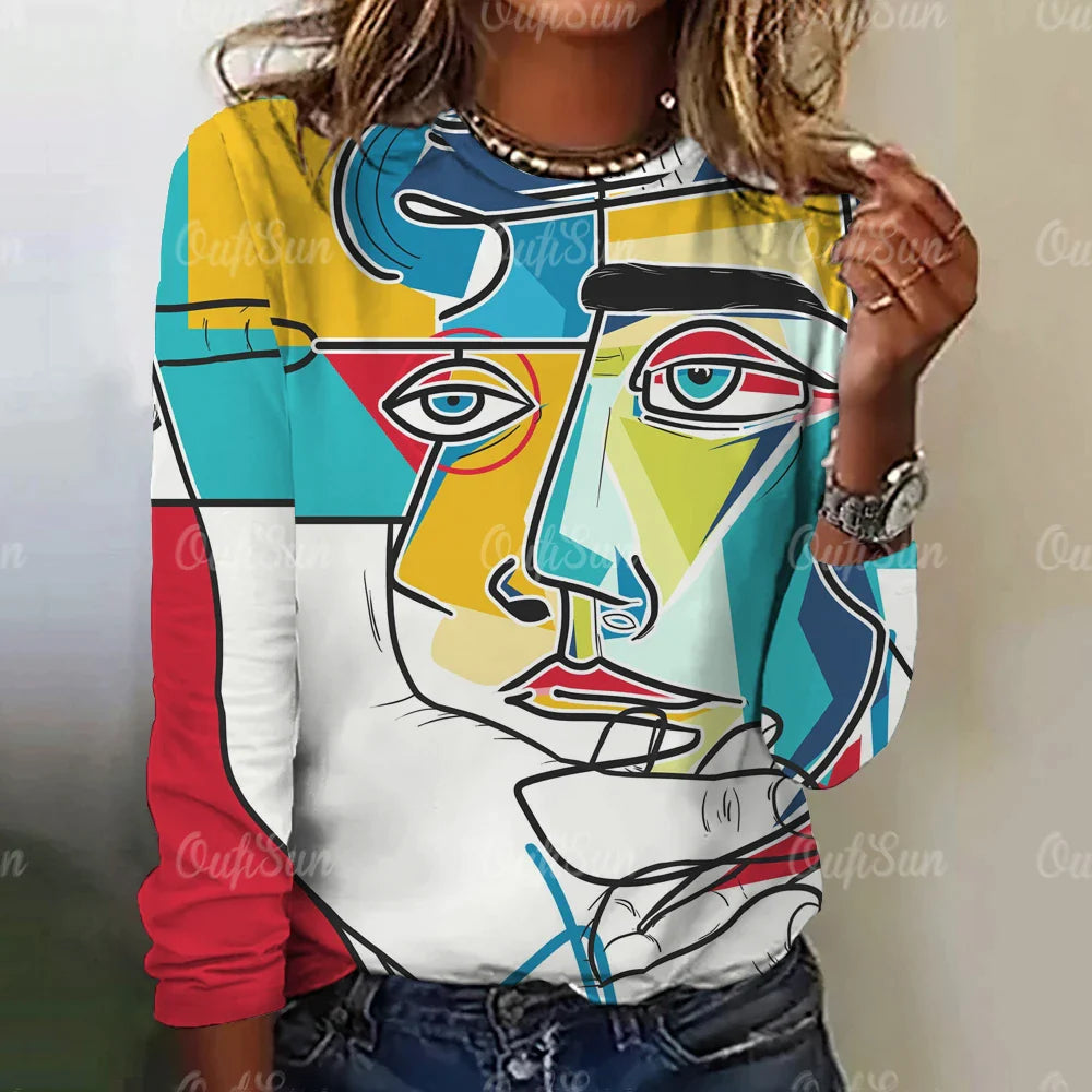 Funny Face Print Women's Long Sleeve T-Shirt | Harajuku Style Gothic Graphic Tee | Oversized Fashion Top for Women & Girls | Perfect for Halloween, Cosplay & Streetwear Outfits