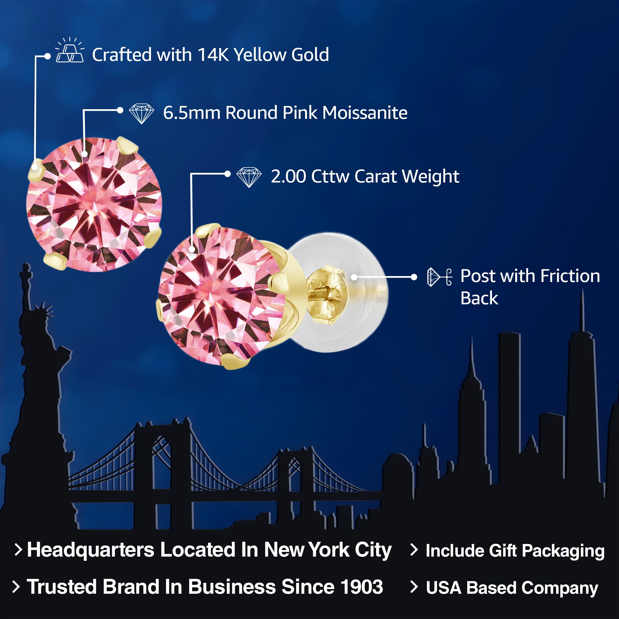 14K Yellow Gold Pink Moissanite Stud Earrings for Women & Men - 2.00 CTTW, Round 6.5mm - Perfect for Weddings, Anniversaries & Everyday Elegance