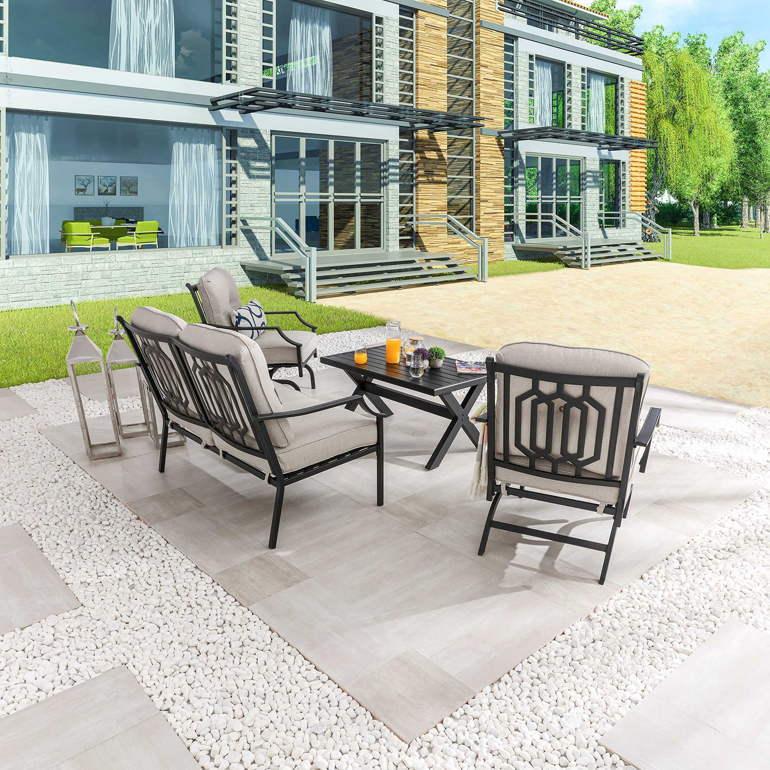 LOKATSE HOME 4-Piece Outdoor Patio Furniture Set - Beige Loveseat, 2 Single Sofas & Coffee Table for Backyard, Garden, Poolside, Balcony | Durable Weather-Resistant Conversation Set for Relaxing & Entertaining