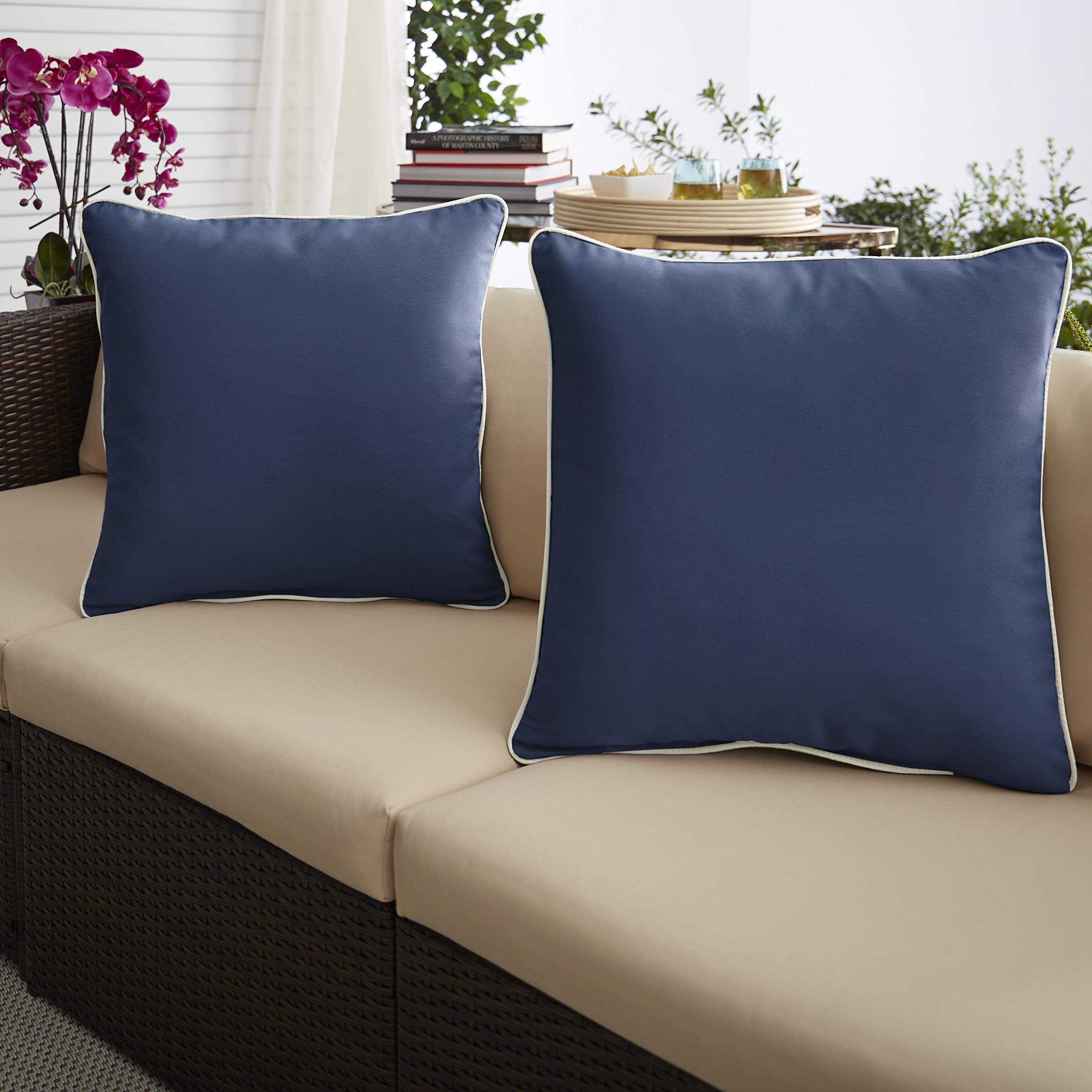 Mozaic Company Sunbrella Indoor/Outdoor Corded Pillows - Set of 2, Canvas Navy & Natural - Perfect for Patio, Deck, Poolside & Garden Furniture