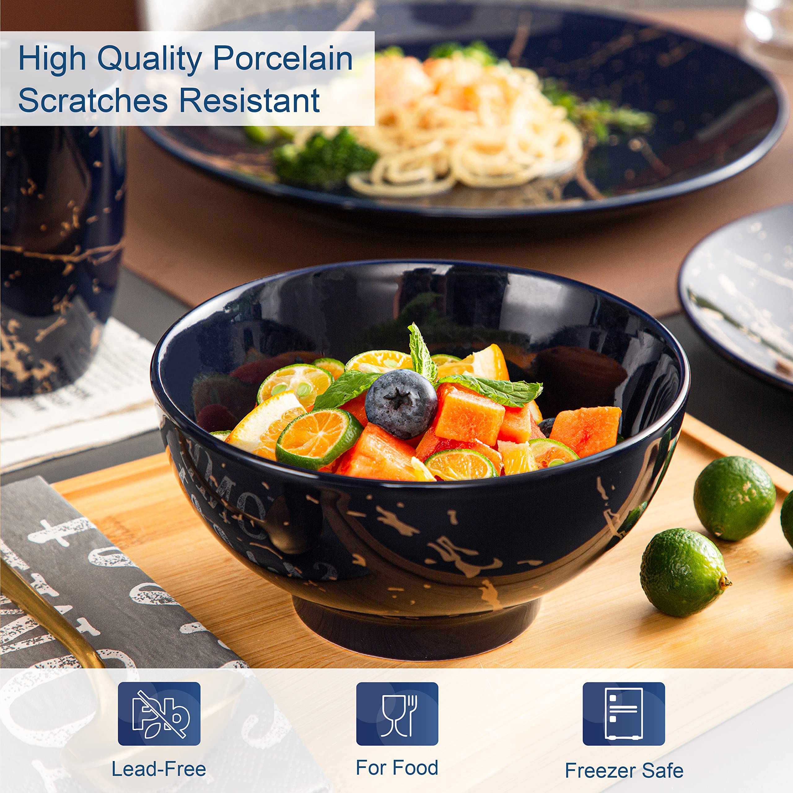 LOVECASA 16-Piece Porcelain Dinnerware Set for 4 - Elegant Dark Blue Color Glaze with Gold Trim, Includes Dinner Plates, Dessert Plates, Bowls & Mugs - Perfect for Family Dinners, Holiday Entertaining & Restaurant-Style Dining