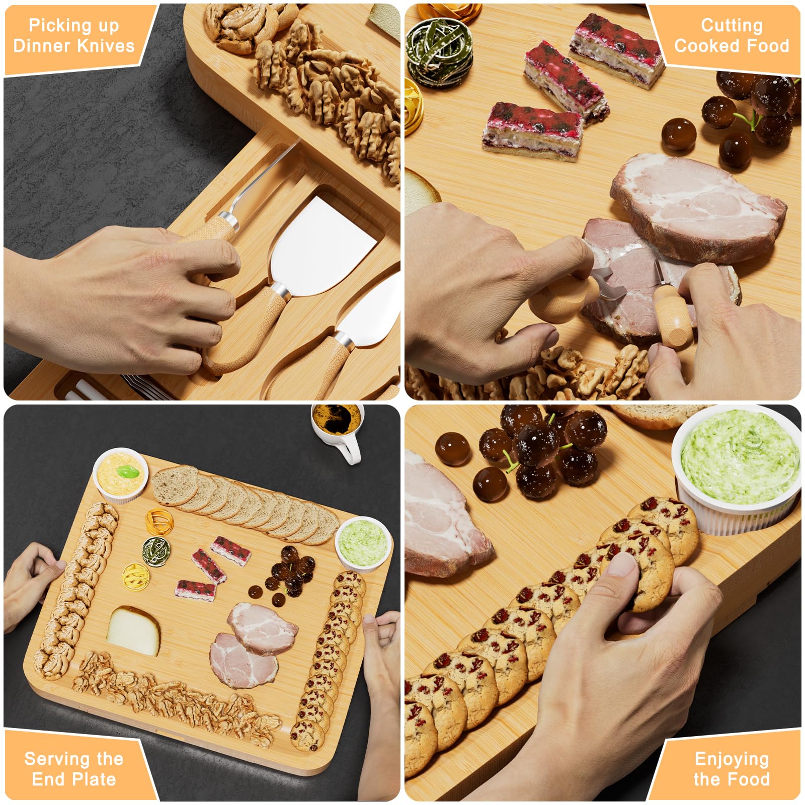 Premium Bamboo Charcuterie Board Set with Cheese Knives - Elegant Wooden Serving Tray for Wine, Meat & Cheese - Perfect for Dinner Parties, Wine Tasting & Holiday Gifting