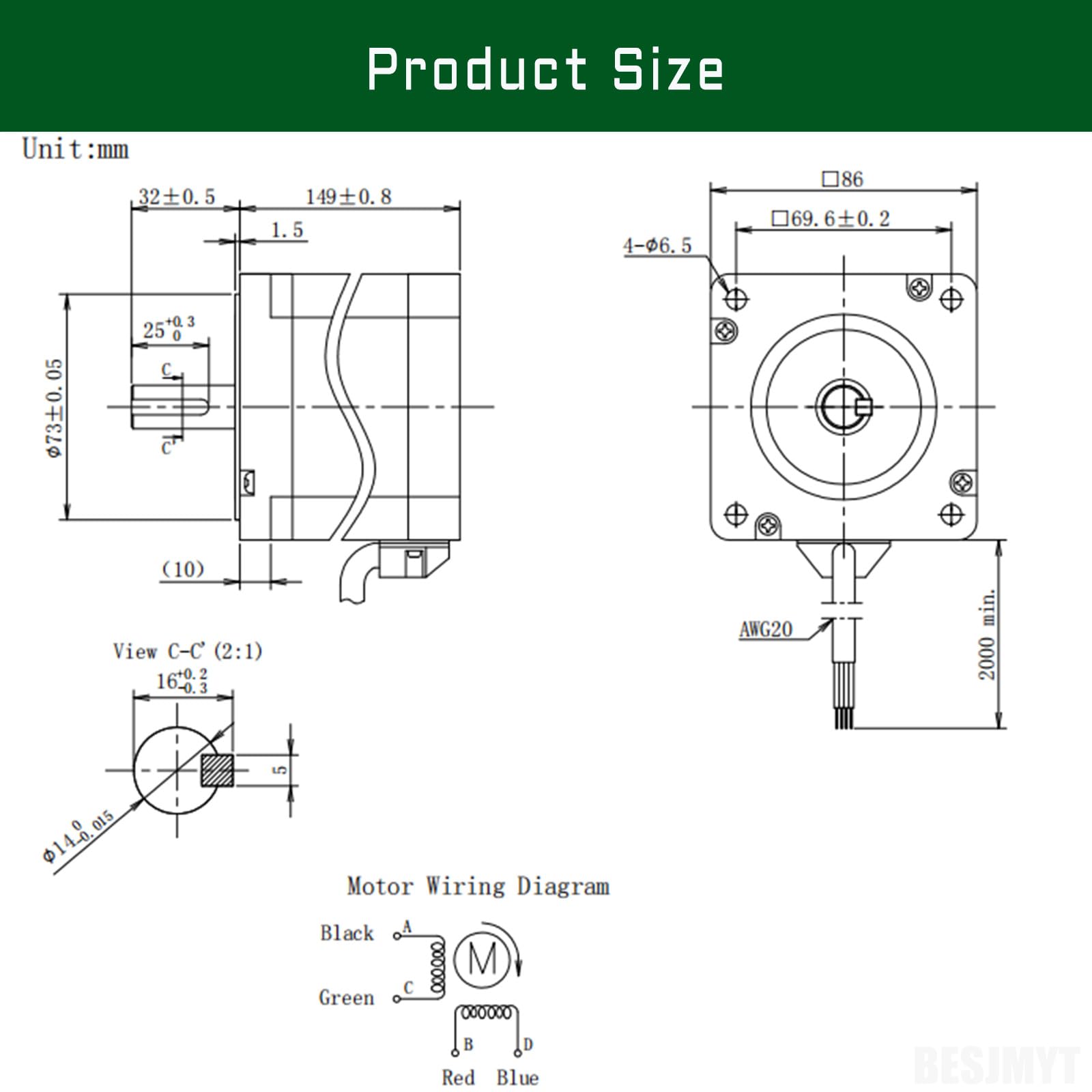 High Torque Nema 34 Stepper Motor - Bipolar 12Nm (1699.34oz.in) 1.8° Step Angle, 6.4A 2-Phase with 2m Cable for CNC, 3D Printers & Industrial Automation | Perfect for CNC Routers, Laser Cutters, and Automated Machinery
