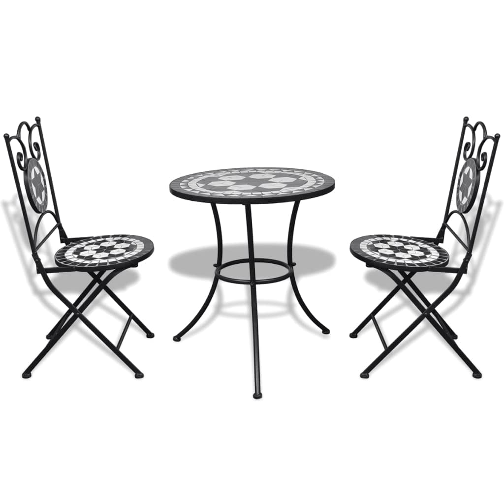 vidaXL 3-Piece Bistro Set with Round Table & Folding Chairs - Black & White Ceramic Tile Patio Furniture for Outdoor Garden, Balcony, or Poolside Dining