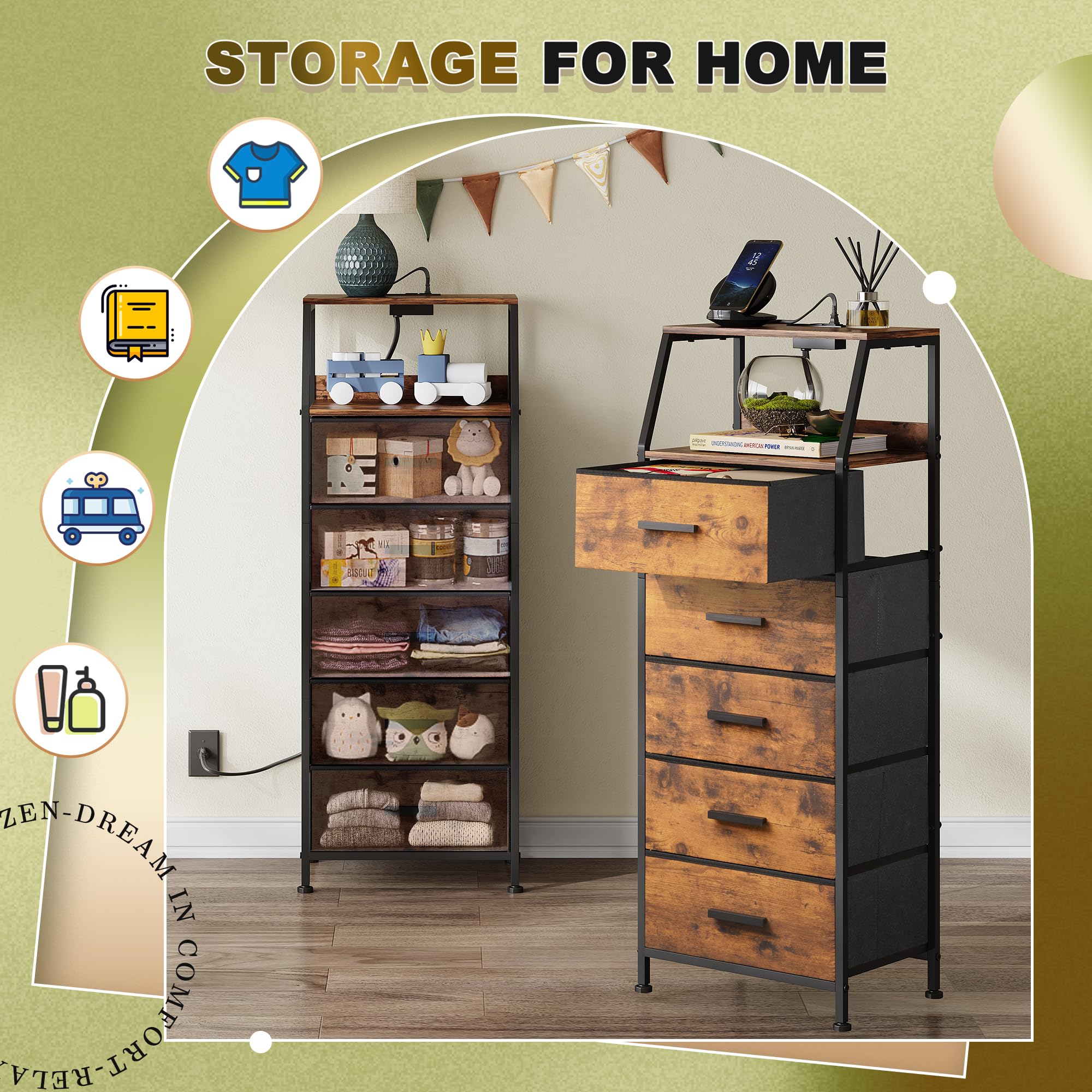 5-Drawer Nightstand Dresser with USB Charging Station, Fabric Storage Drawers & Open Shelf - Modern Bedside Table for Bedroom, Hallway, Entryway - Perfect for Small Spaces & Phone Charging