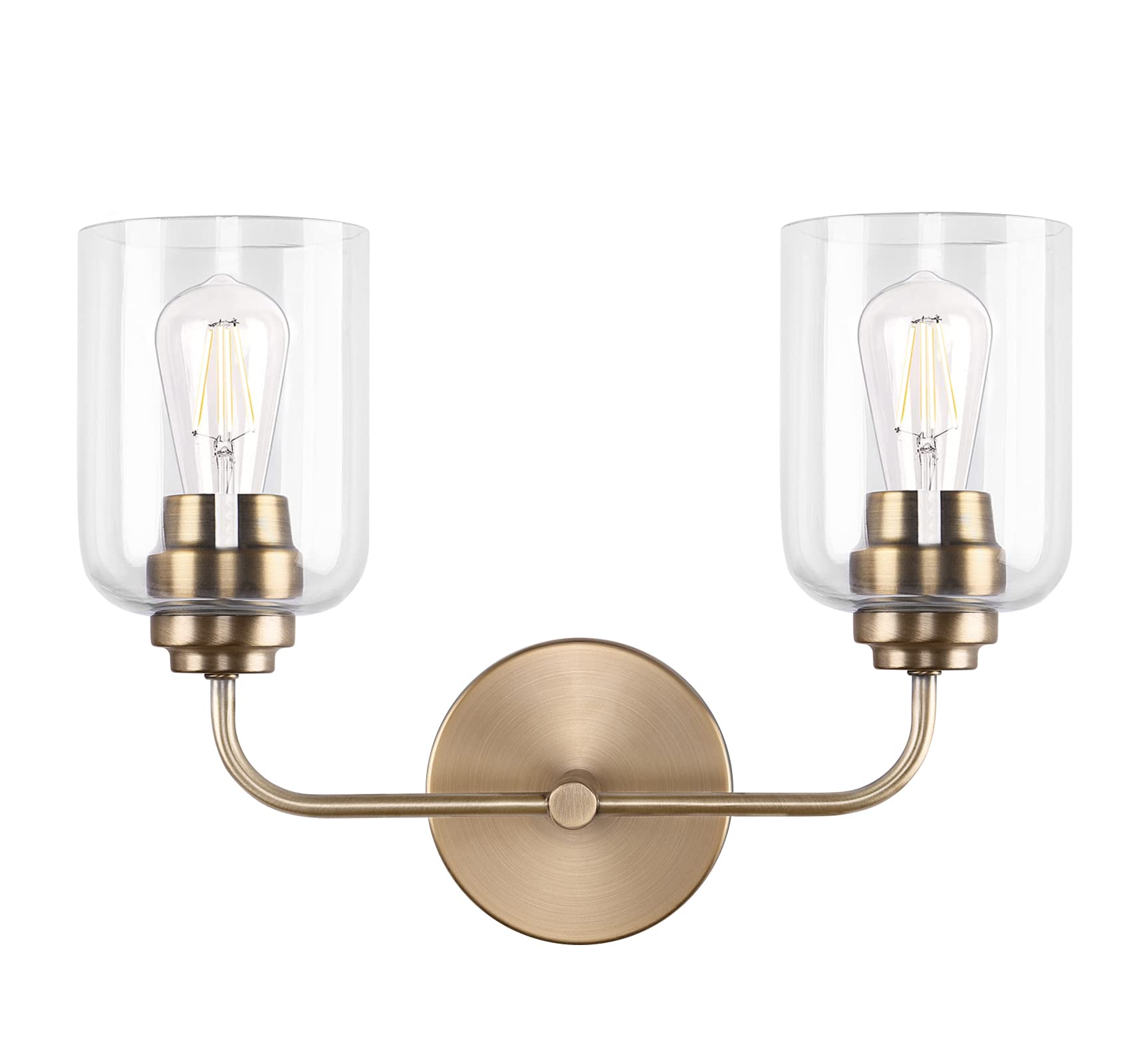 Brass Bathroom Vanity Light Fixtures - 2 Light Modern Wall Sconce with Clear Glass Shade | Perfect for Bathroom, Hallway, Restroom & Bedroom Lighting