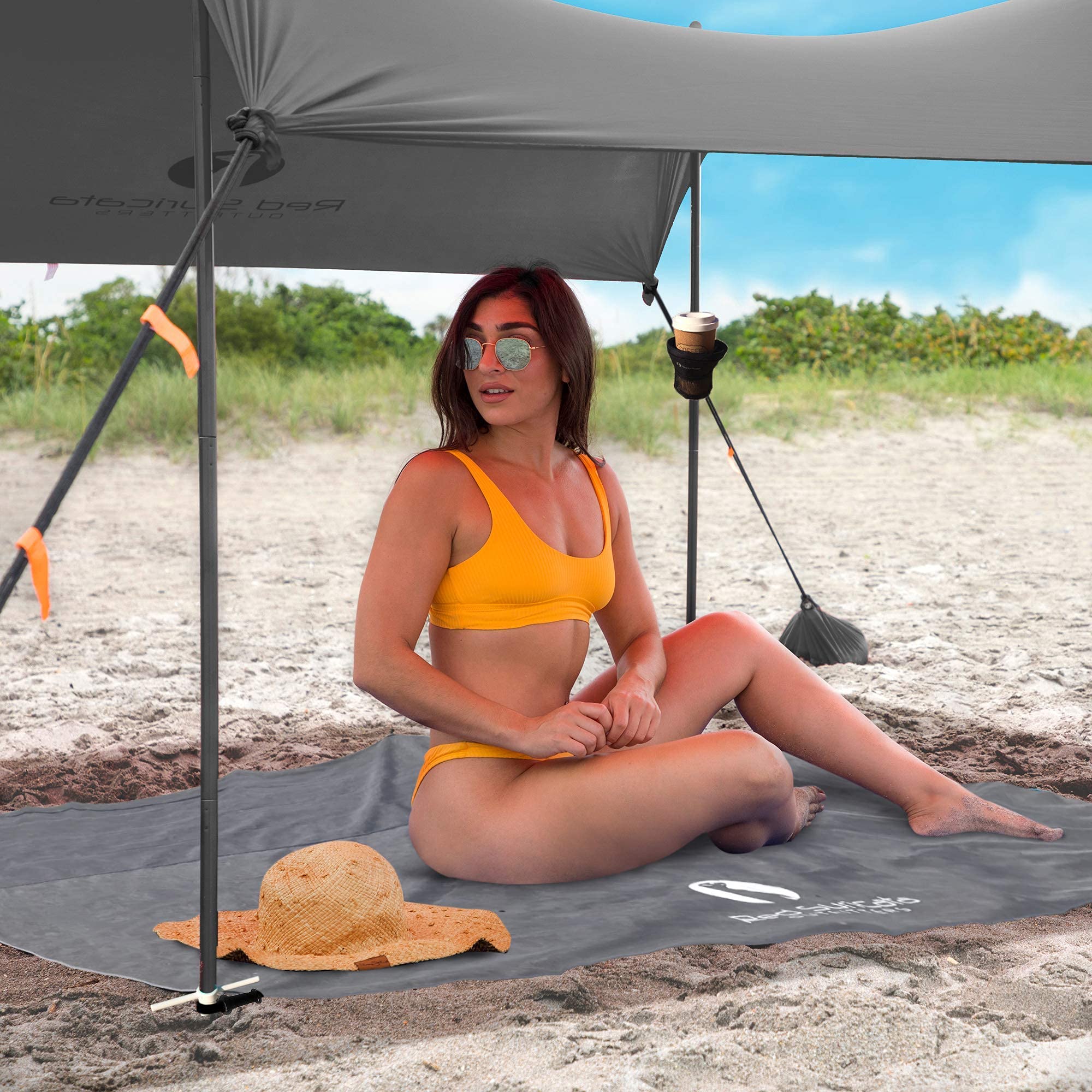 Red Suricata Family Beach Tent & Canopy with Sand-Free Mat & 2 Cup Holders - UPF50 UV Sun Shelter for Beach, Camping, Picnics (Large, Grey)